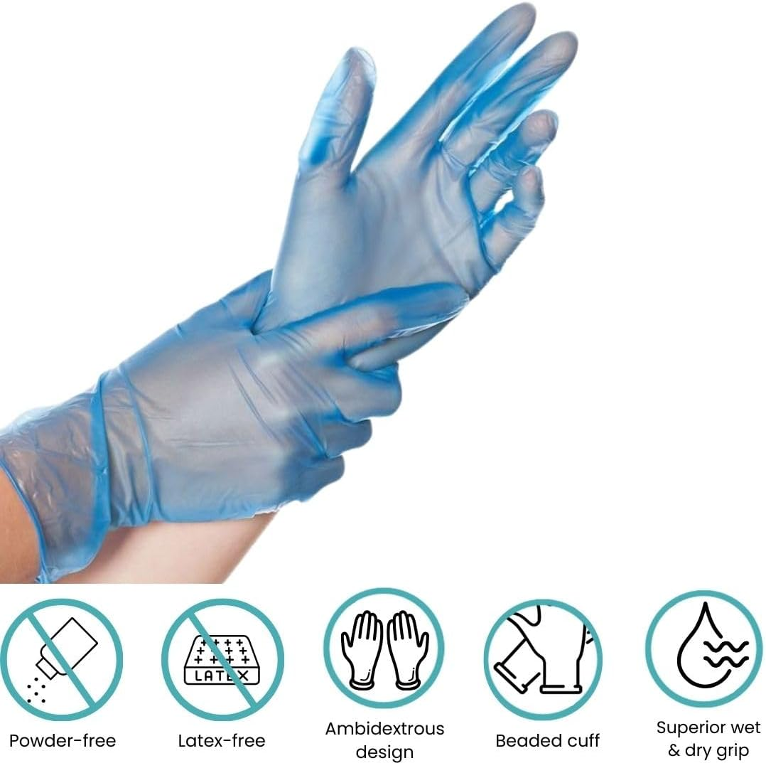 Handicare Disposable Blue Vinyl Gloves, Powder-Free, Latex-Free, Non-Sterile, Food Safe, Cleaning, Industrial Grade, Medical Exam