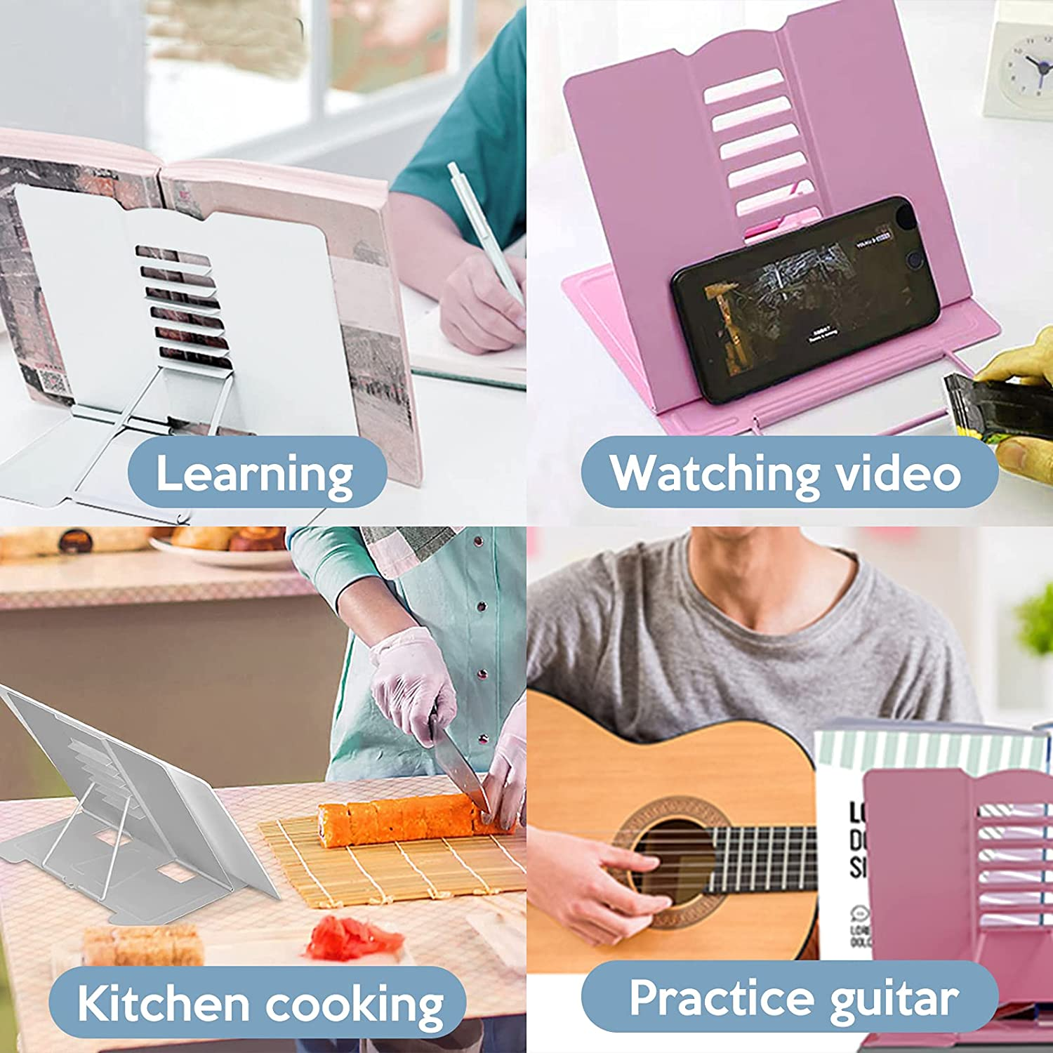 Desk Book Stand Worthplanet Metal Reading Rest Book Holder Lightweight Bookstand with 6 Adjustable Angles and Paper Page Clip for Textbook, Recipe, Magazine, Paper Tablet W160002 (Pink) image number 5