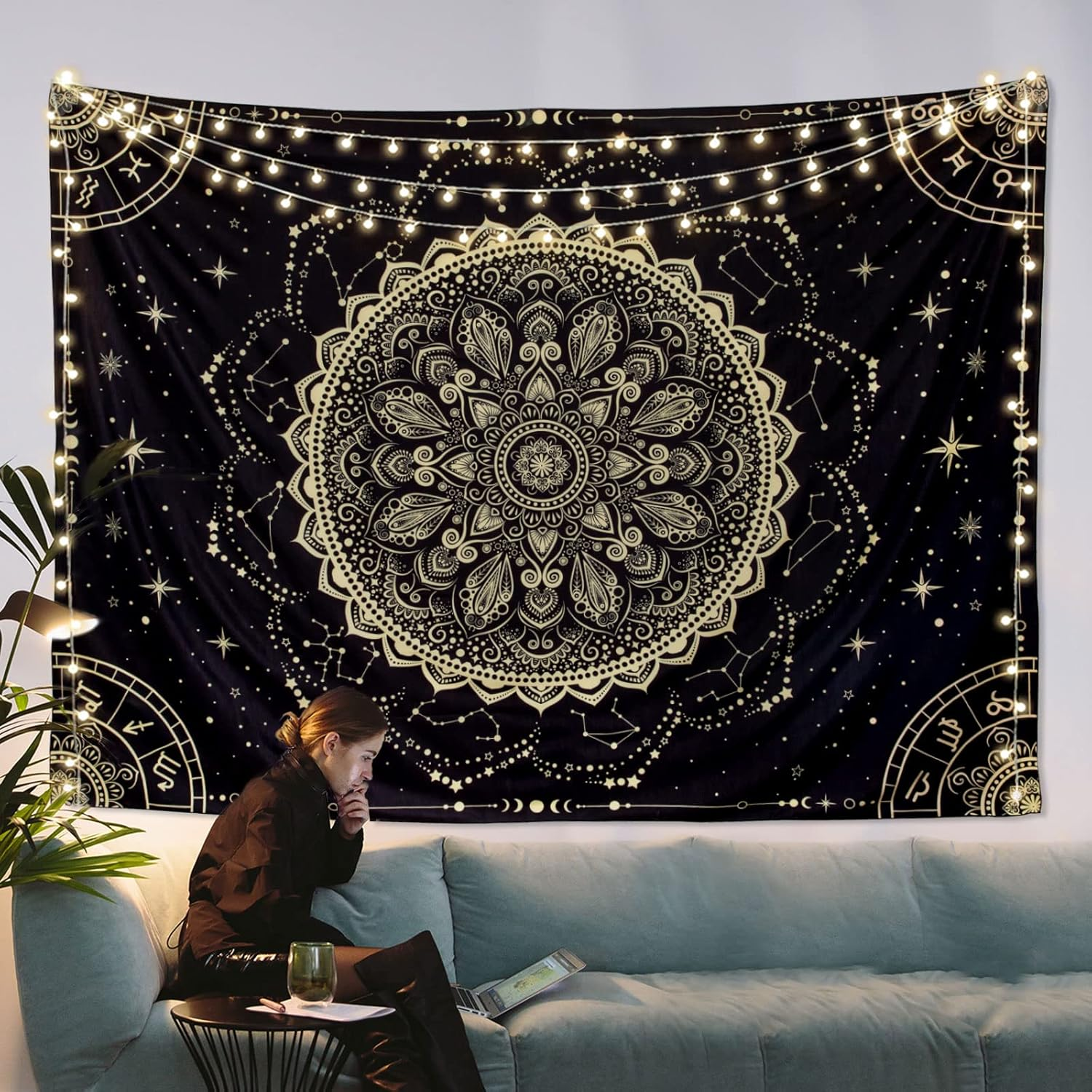 Black Golden Mandala Tapestry Astrology Wall Hanging Wall Tapestry Aesthetic Hippie Wall Decor Bohemian Wall Art Boho Home Decoration for Bedroom,Living Room,Dorm image number 2