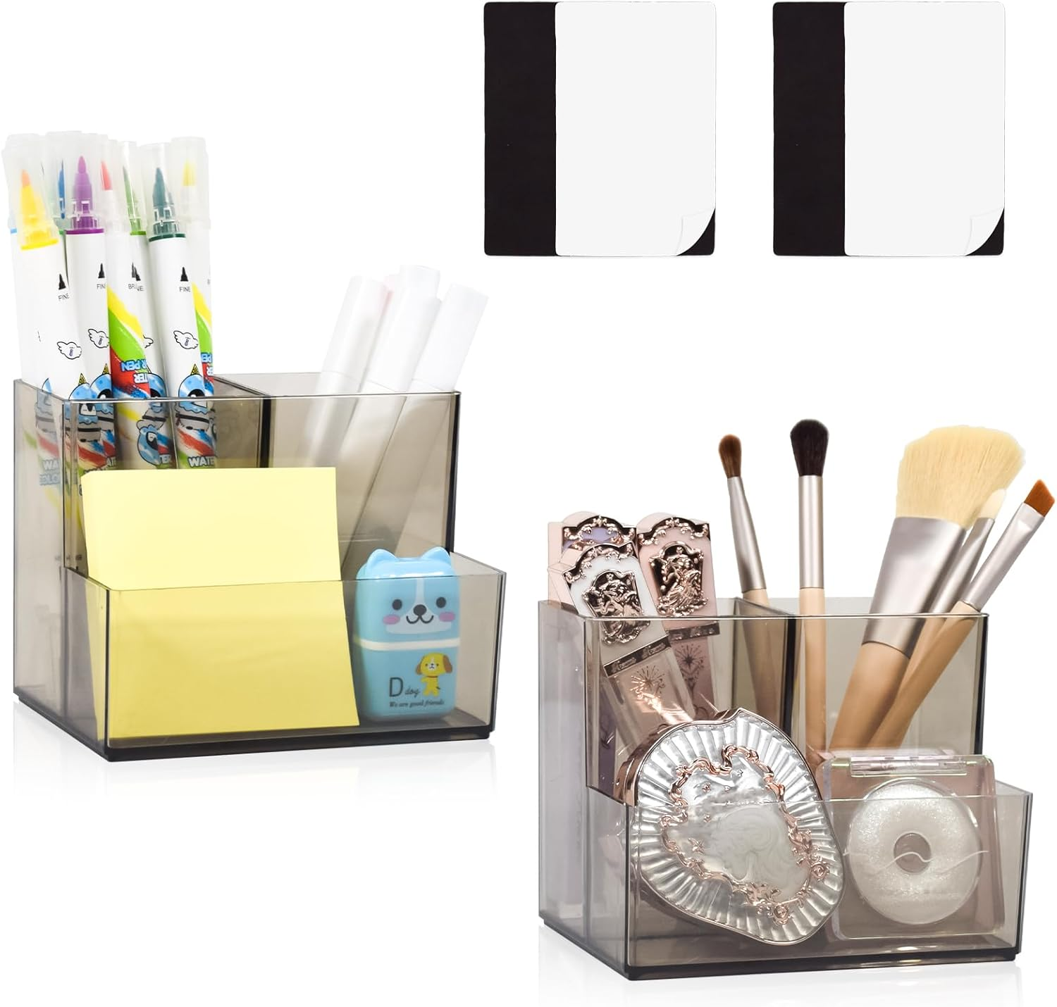 Marte Vanci Pen Pencil Holder, Acrylic Pen Holder Clear Makeup Brush Holder Desk Organiser Pen Pot Stationery Art Supply Storage with 2 Magnetic Squares Desktop Accessories 3 Slots Clear 1 Pack