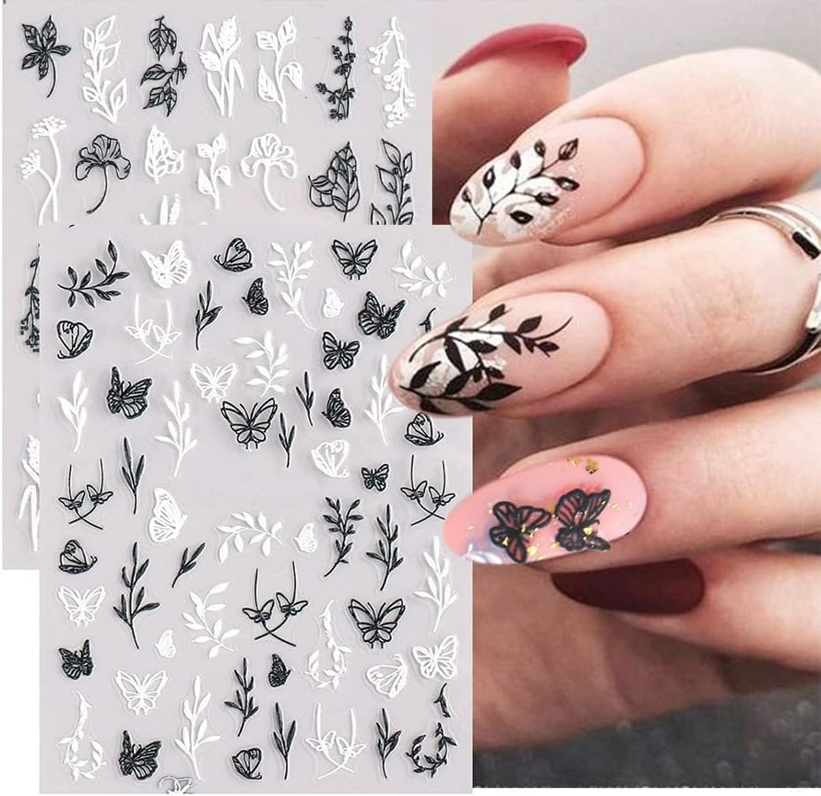 4 Sheets 3D Spring Nail Art Stickers, KXAMELIE Black and White Butterfly Flower Nail Stickers, Self-Adhesive Nail Polish Stickers, Simple Style for Acrylic Nails image number 1