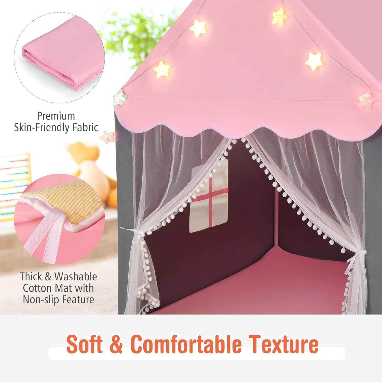 HONEY JOY Kids Play Tent, Large Playhouse with Star Ornaments, Washable Mat, Windows, Indoor Outdoor Princess Tent for Boys & Girls, Children Castle Fairy Tent, Holiday Birthday Gift (Pink) image number 3