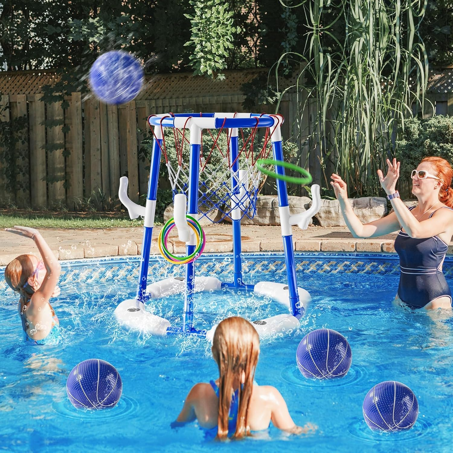 Basketball Hoop Toys for Kids Ages 4-8 8-12 & Adult, Summer Outdoor Swimming Pool Games Water Play Toys Family Party for Kids, 2 In1 Pool Basketball Hoop & Ring Game with 4 Balls 12 Rings & Pump image number 5
