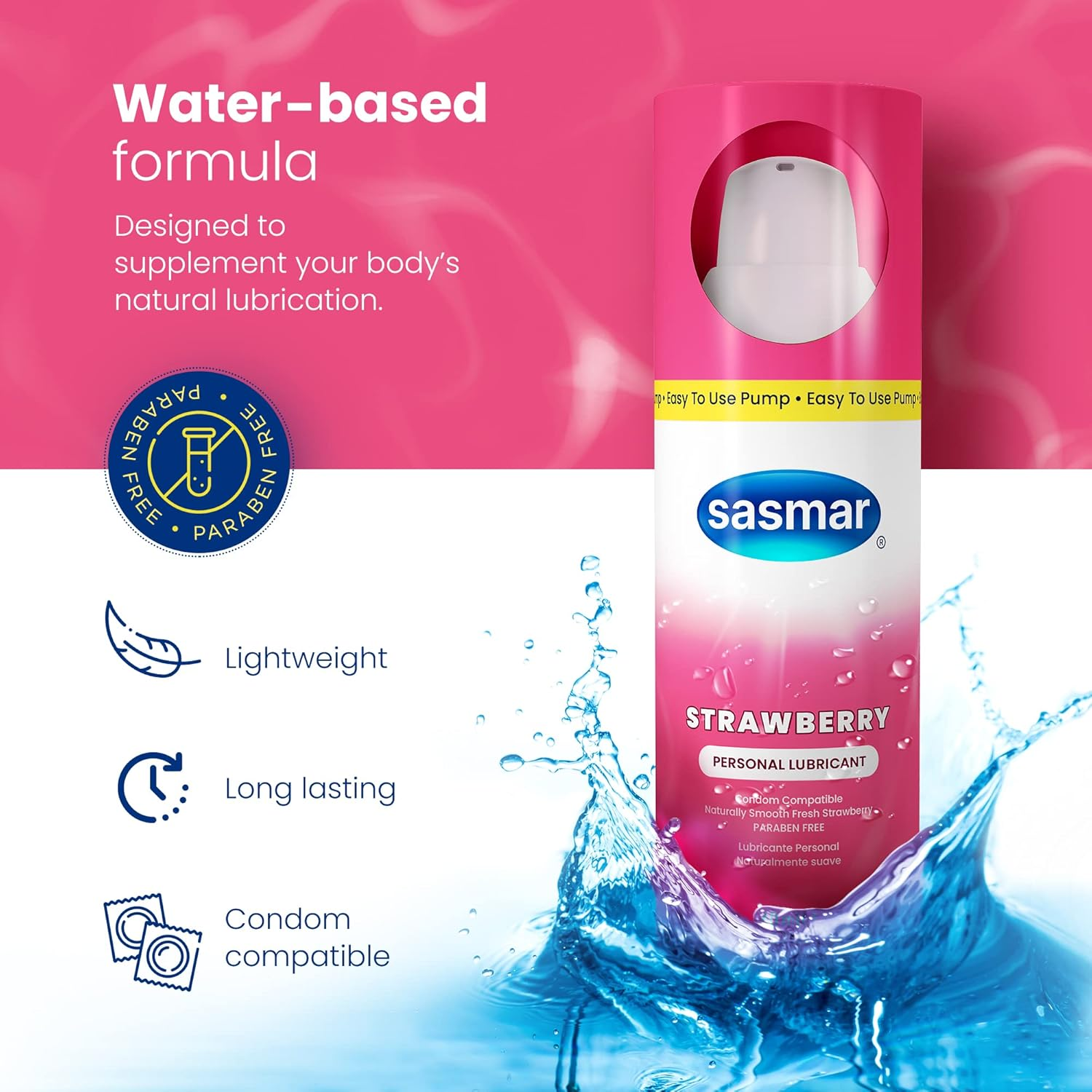 Sasmar Strawberry Flavored Lubricant - Water Based Personal Lube for Men, Women - Feels Natural, Long Lasting Formula, Paraben Free, Toy-Friendly and Condom Safe, Oral Lubricant for Couples - 60 Ml image number 5