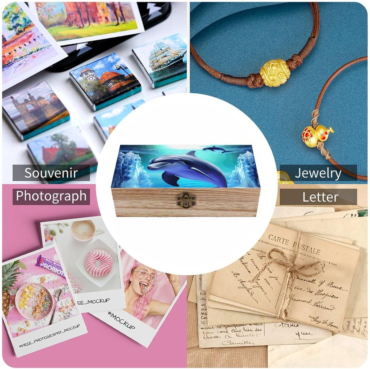 Dolphin Wooden Box Wood Wedding Keepsake Boxes with Lids Small Decorative Boxes Lightweight Wooden Memory Storage Box for Crafts Keepsakes Jewelry Photo Letter Storage image number 2