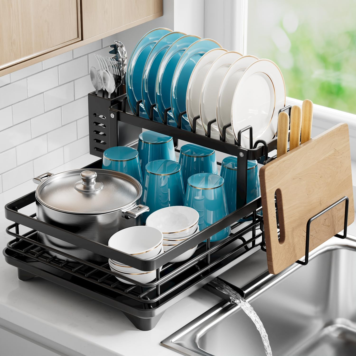 Micomlan Dish Drying Rack - 2 Tier Dish Racks for Kitchen Counter, Large Carbon Steel Dish Drainer Rack with Drainboard Set, Detachable Utensil Holder for Kitchen Storage & Organisation, Black image number 4