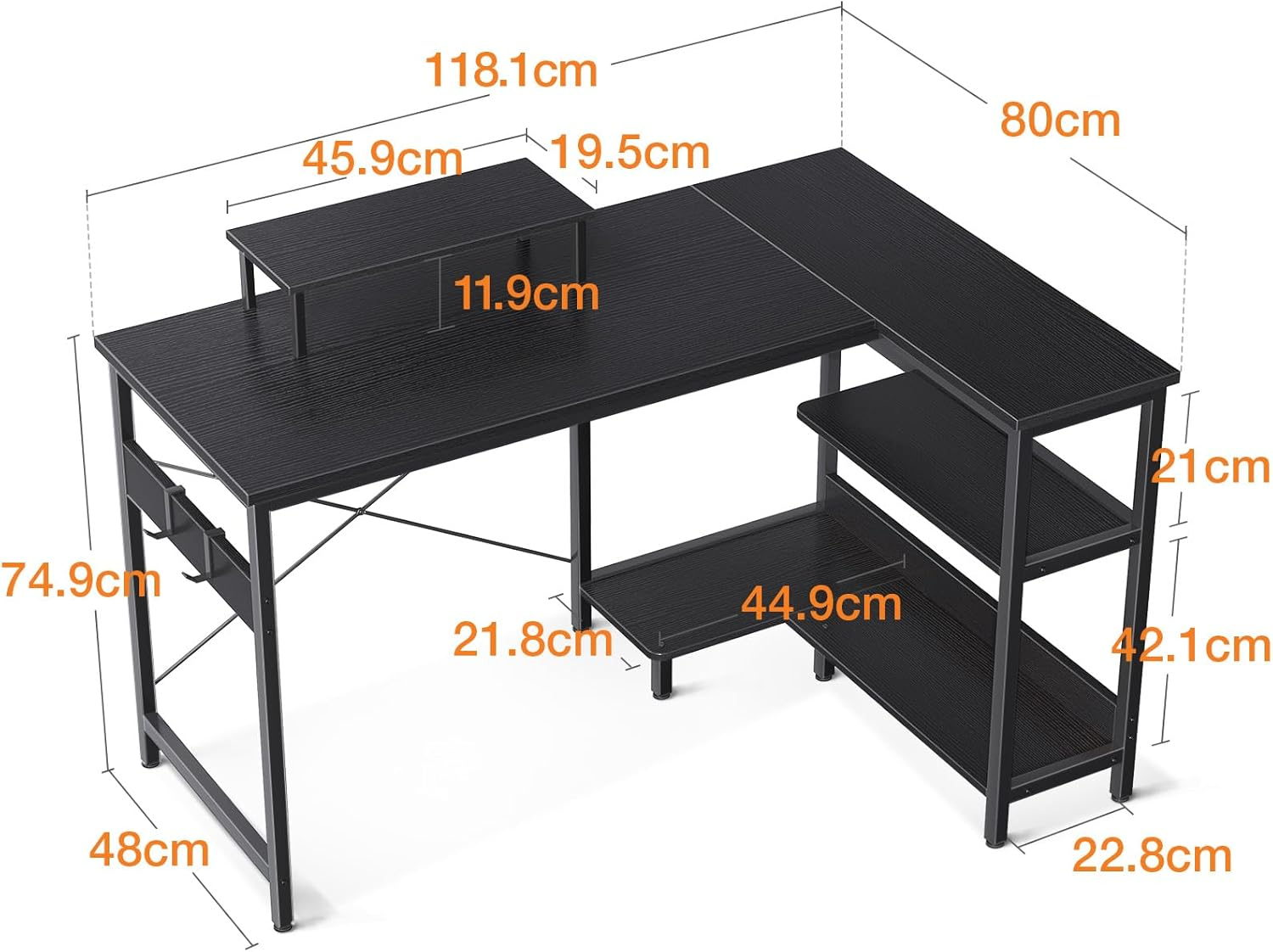 ODK L Shaped Computer Desk with Reversible Storage Shelves, 118 * 80 * 86.4Cm, Corner Desk with Monitor Stand&Headphone Hook, Home Office Desk, Modern Simple Writing Table, Black image number 6