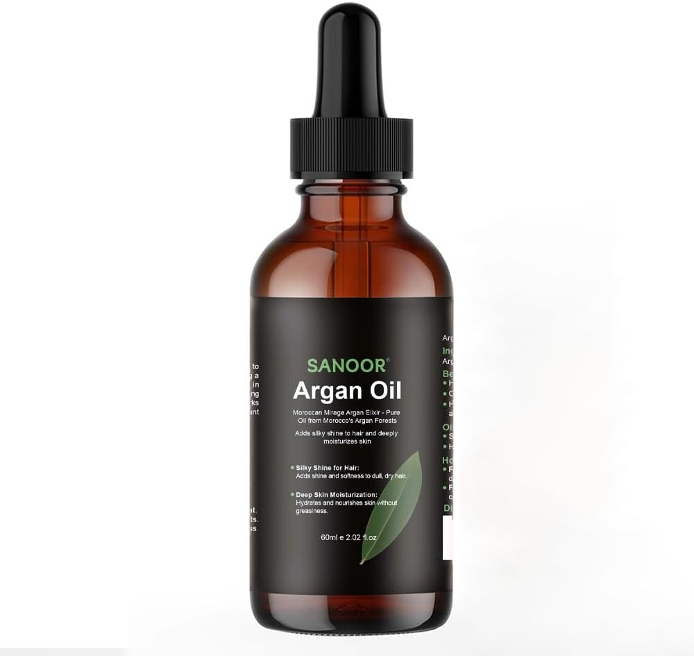 SANOOR Moroccan Argan Oil 60Ml &ndash; 100% Pure & Natural, FDA Approved, Cold-Pressed Oil for Hair Growth, Frizz Control, Skin Moisturizer, Face Glow, Beard & Nail Care &ndash; Vegan Beauty Oil for Men & Women image number 1