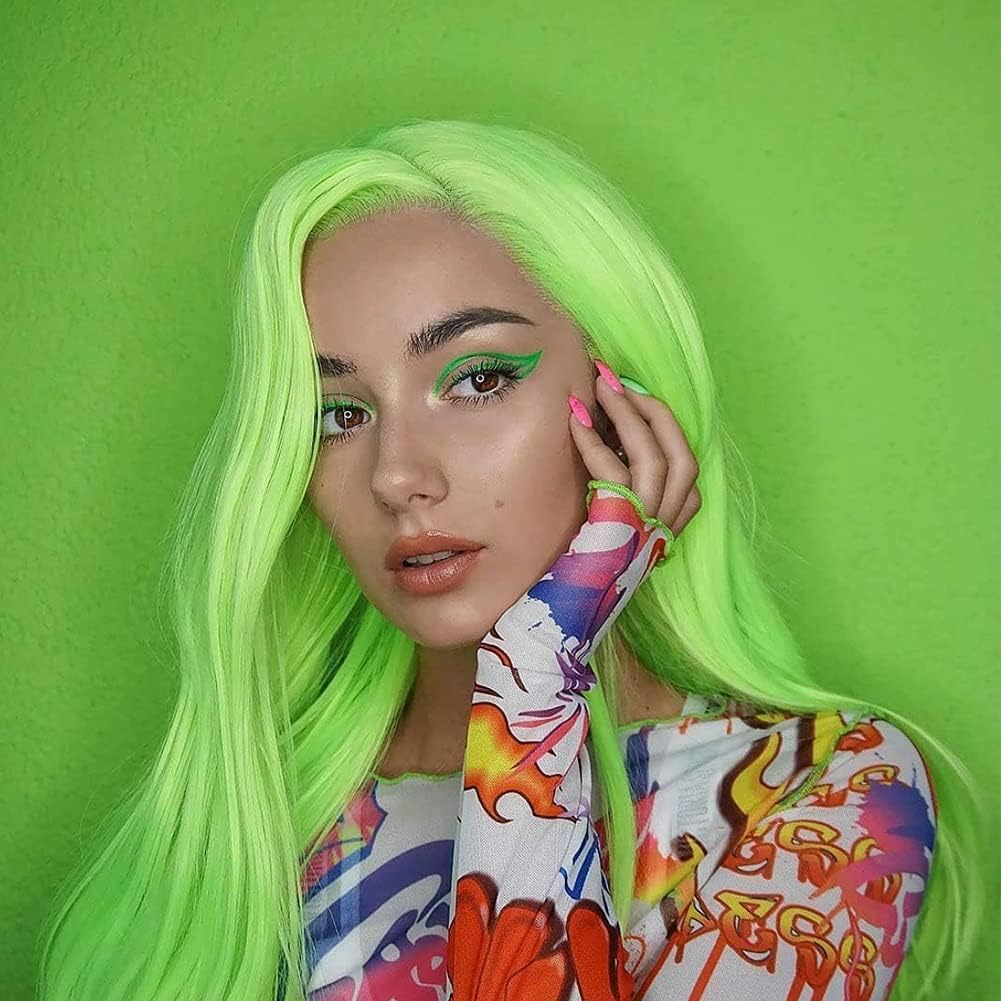 Afbeauty Neon Green Synthetic Lace Front Wig Long Body Wavy Fluorescent Green Side Part Wig Heat Resistant Fibre Soft Wigs for Women Cosplay image number 1