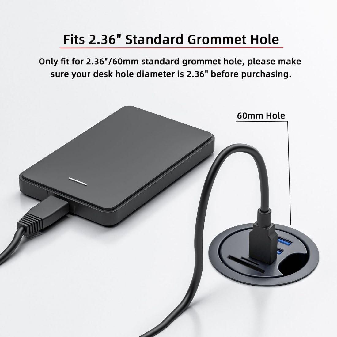 Chenyang USB 3.0 Flush Mount Desktop HUB,2 USB 3.0 Port/1 USB C Port HUB Grommet Hole 2.36"(60Mm) with SD/TF Card Reader Port image number 6