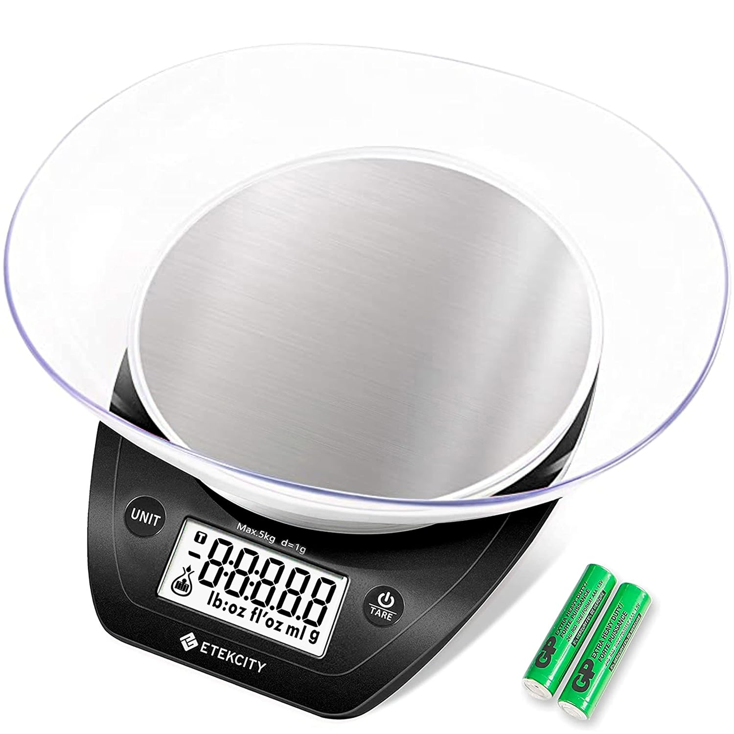 Etekcity 0.1G Food Scale, Bowl, Digital Grams and Ounces for Weight Loss, Dieting, Baking, Cooking, and Meal Prep, 11Lb/5Kg, Stainless Steel Black