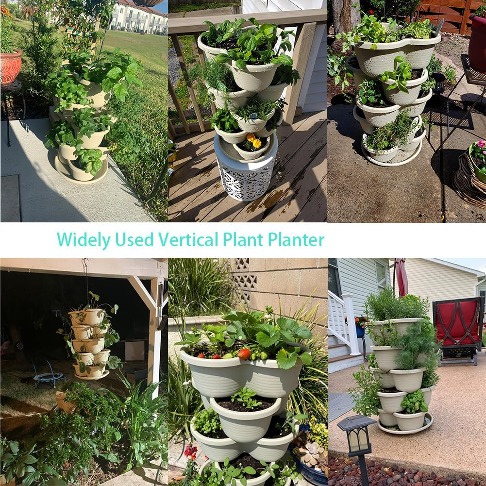 Rootrimmer 5 Tier Tower Stackable Planter, Strawberry Planter, Vertical Gardening Indoor/Outdoor Planters, Herb Planter for Growing Flowers, Vegetables and Succulents (Off-White) image number 5