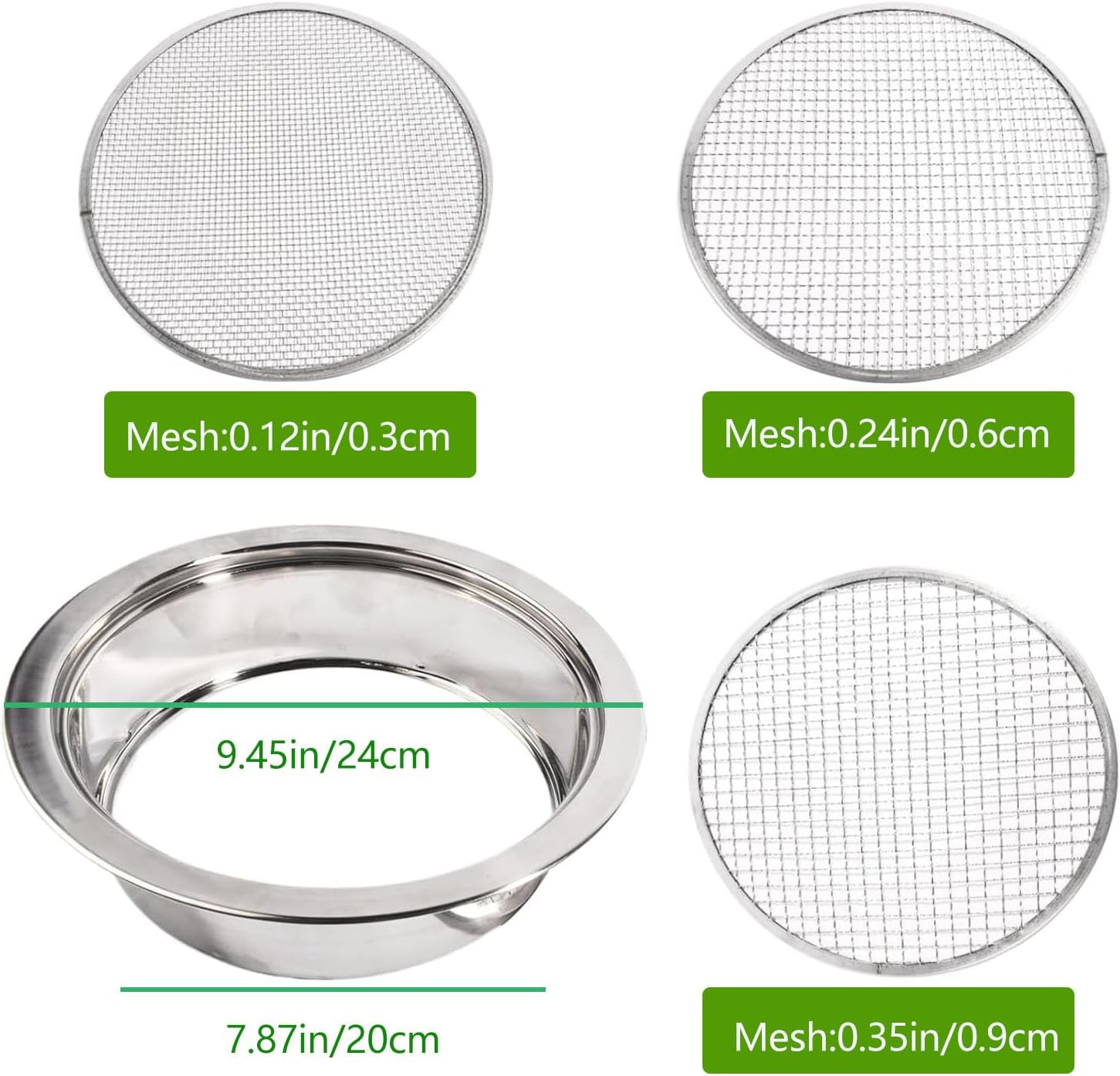 Garden Sieve Soil Sifter Removable Garden Sieve 9.4" Dia Stainless Steel Soil Sieve with 3 Sieve Mesh Filter 0.043"/0.133"/0.204" Sand Sifter for Sifting Soil Stones Compost Soil Sifter image number 5