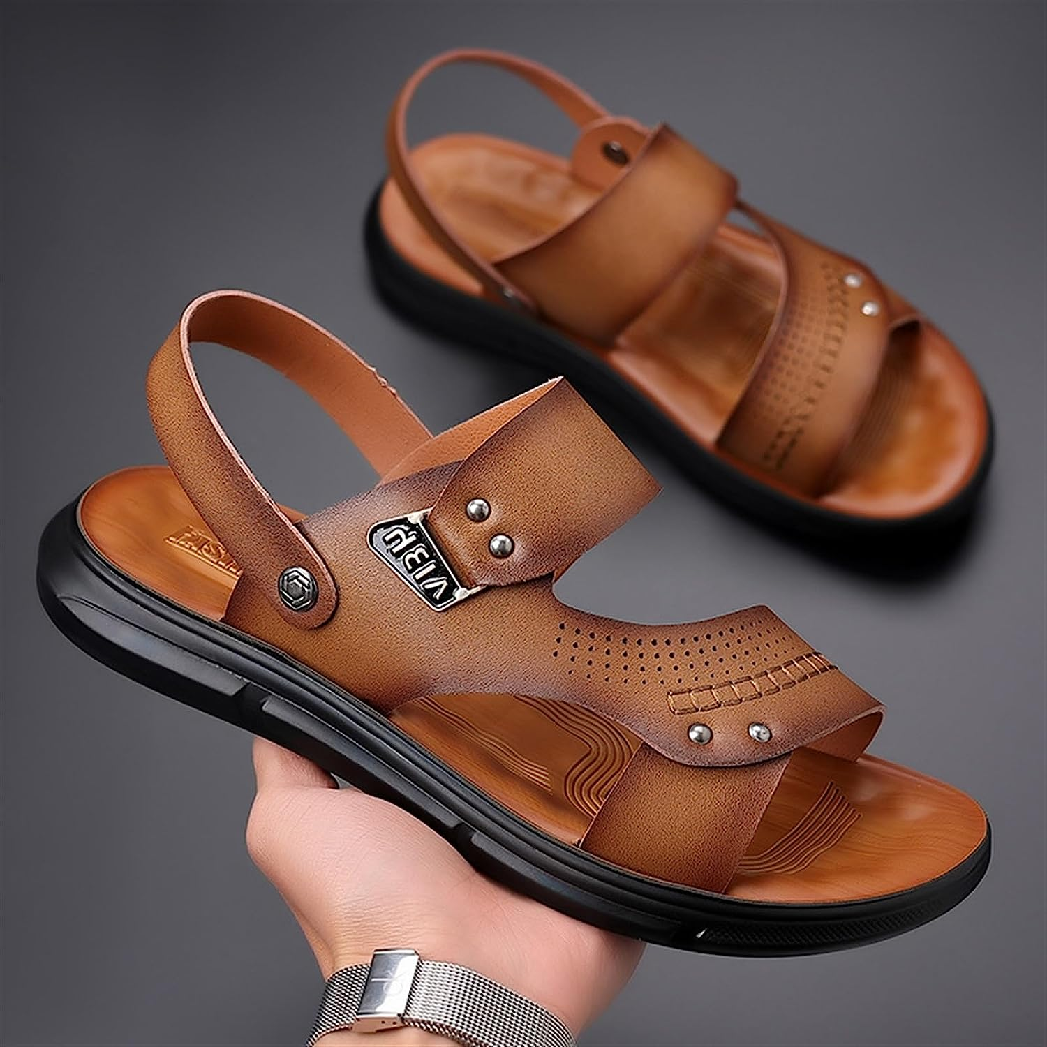 Men Summer Sandals and Slippers Men Leather Sandals Adult Thick-Soled Beach Shoes Non-Slip Open-Toe Leather Sandals (Color : Navy, Size : 8) image number 1