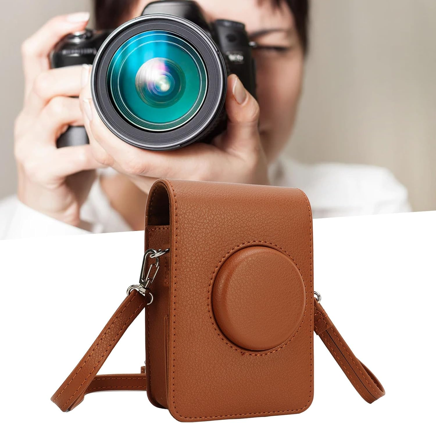 For Mini EVO Case, Retro PU Leather Camera Bag Case Cover Camera Carrying Bag with Adjustable Strap, Protective Camera Case for Mini EVO (Brown) image number 2