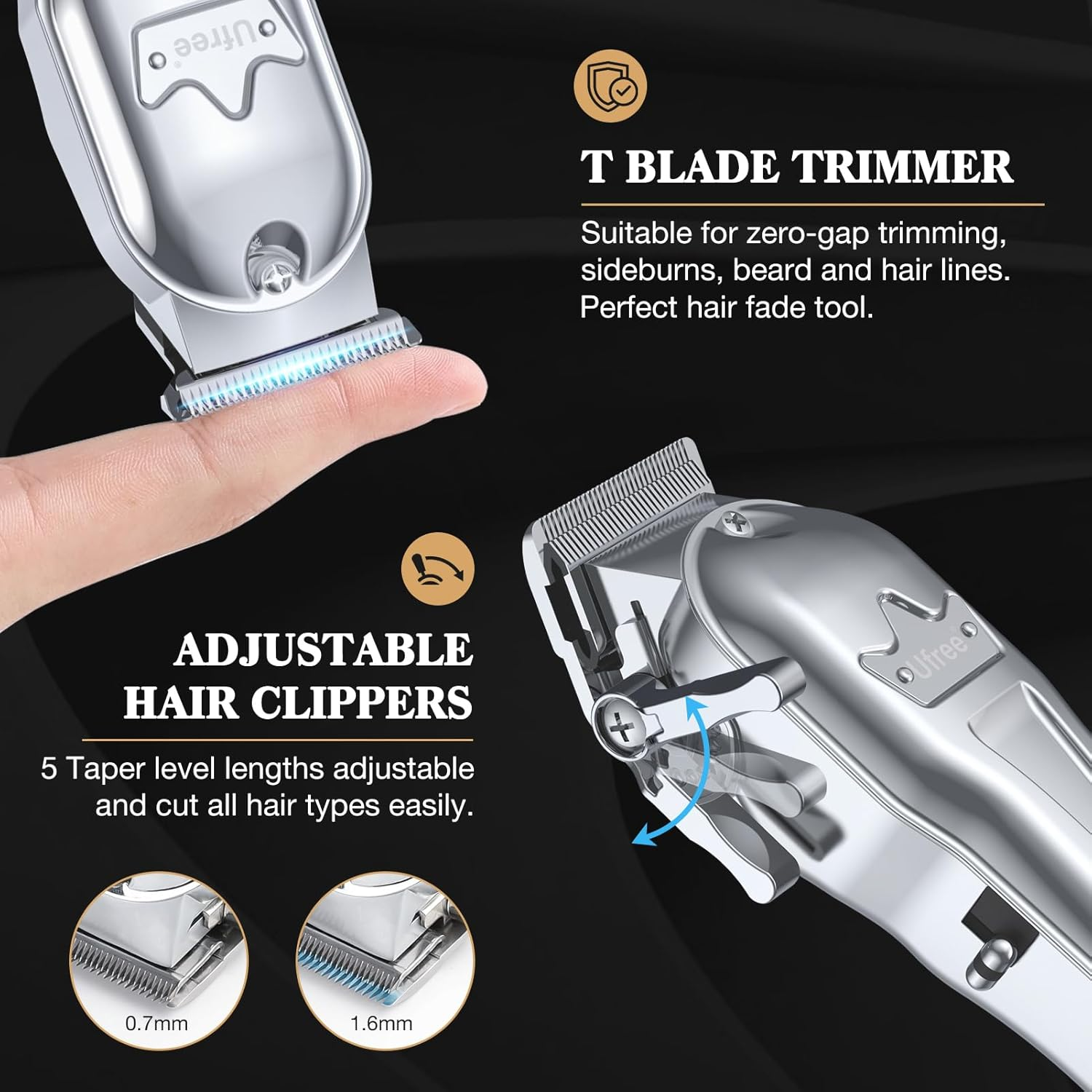 Ufree Hair Clippers for Men Professional, Barber Clippers and Trimmers Set, Cordless Hair Clippers for Hair Cutting Kit with LED Display, Electric Hair Trimmer, Gifts for Men, Silver image number 4