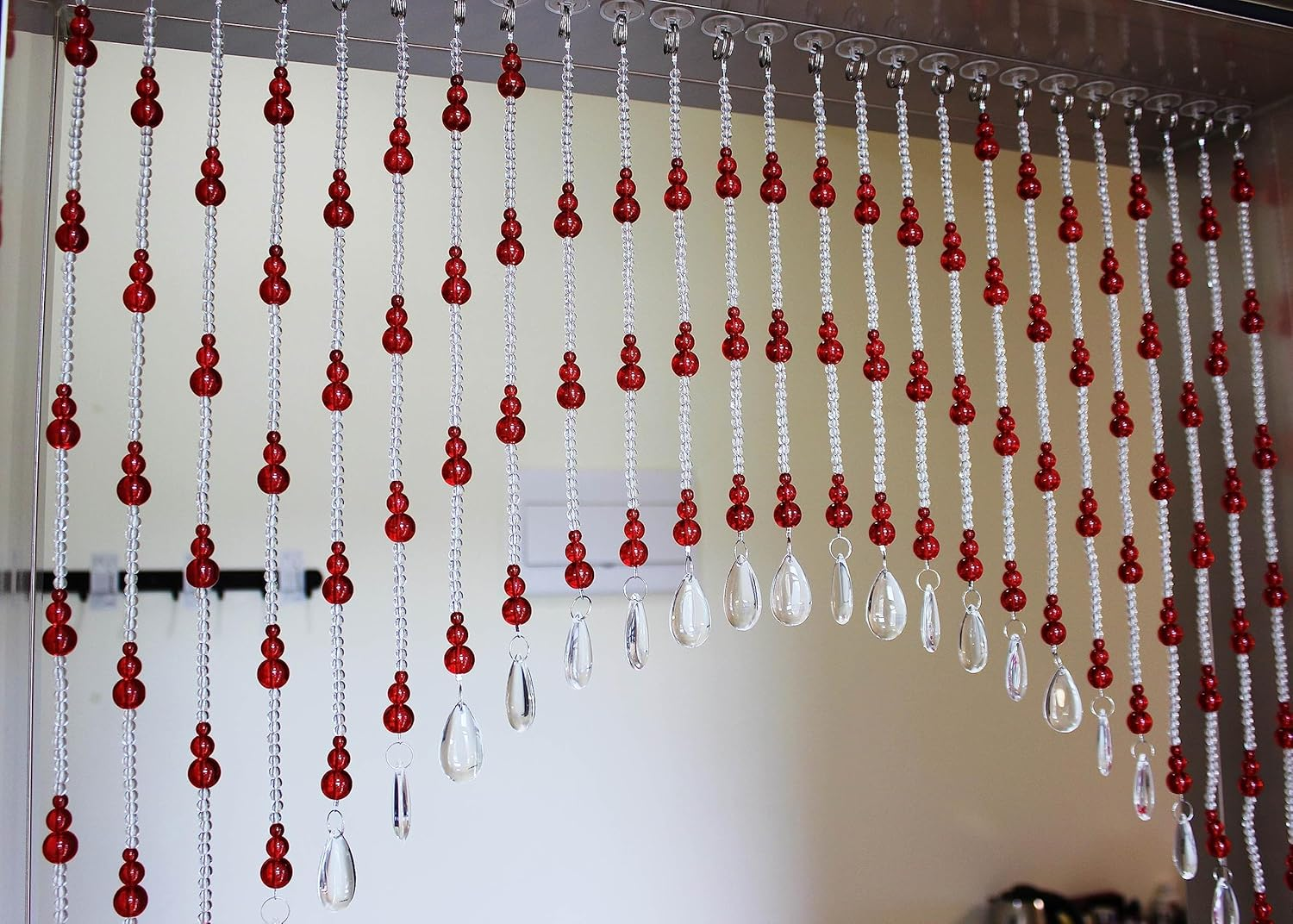 Rekelola Hanging Glass Door Beads Beaded Curtains Valance Self-Adhesive for Doorways Crystals Stran Arched Windows, Clear Crystal Room Bead Partition Curtain Frame Closets 7 Red (Zl-202304-Red) - Blue image number 6