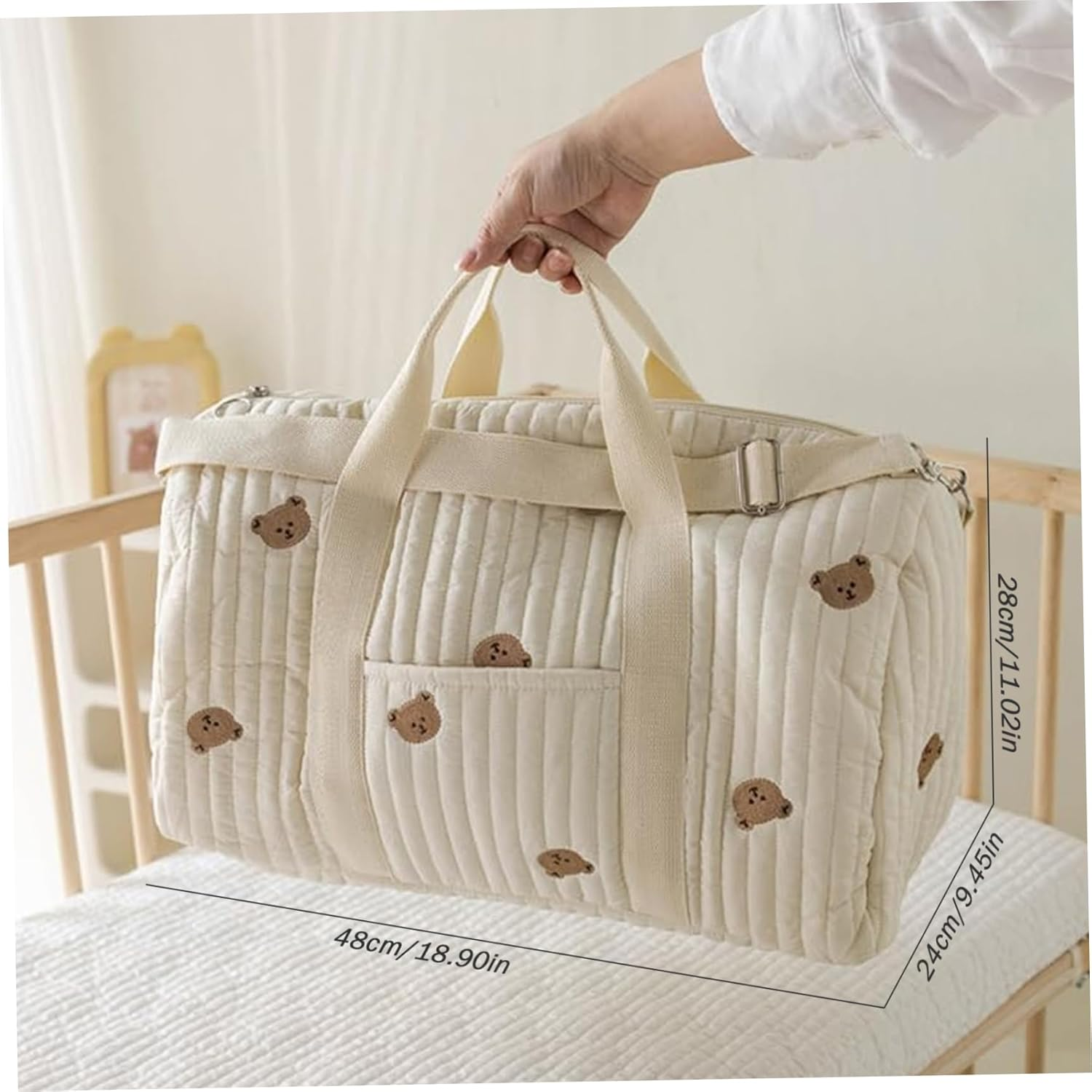 Travel Duffle Bag, 18.9X11Inch Lightweight Weekender Bags for Women, Bear Embroidered Mommy Bag, Carry on Tote Bag, Soft Hospital Bag for Women Labor Delivery image number 1