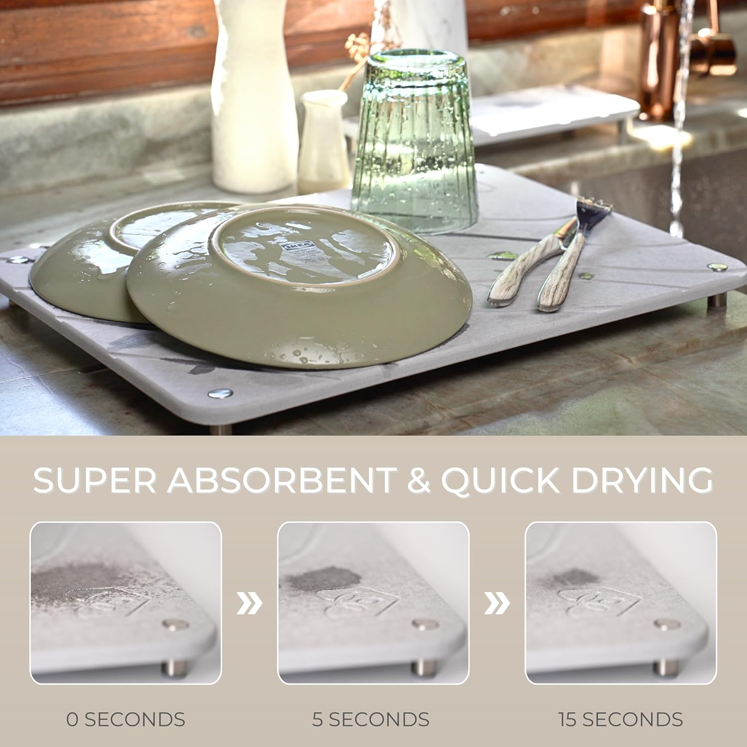 Natureva Home - Stone Dish Drying Mat | Super Absorbent, Quick Dry | Diatomite Mats for Kitchen Counter I Made of Natural Diatomaceous Earth | Absorbing Water Instantly | Design Flow | Colour Slate image number 3