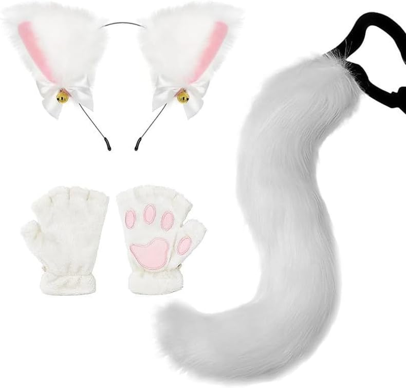 Faux Fur Fox Tail Cat Wolf Cosplay Costume Set, Cats Ear Headbands Tail Cats Paw Glove Leather Neck Chocker Set Halloween Christmas Party Animal Role Play Accessories (White) image number 6