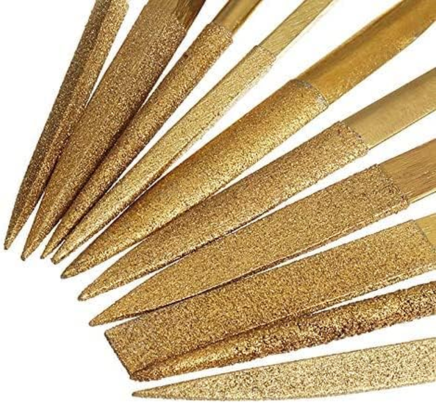 Yakamoz 10 Pcs Titanium Coated Mini Diamond File Set Flat Needle Square round Triangular Shape Rifler Files for Metal Jewelry Glass Wood Carving Sanding Polishing Tool - 4X160Mm image number 2