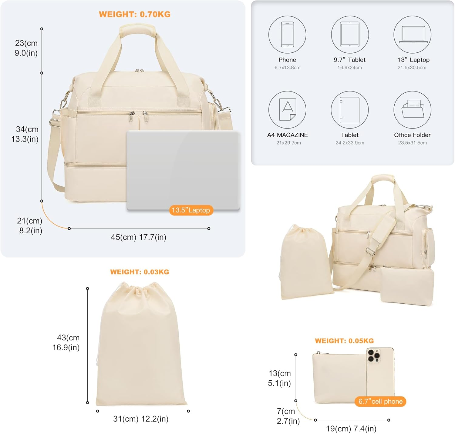 Kono Travel Duffel Bag 32L Water-Resistant Gym Tote Bag with Shoes Compartment Cosmetic Bag Detachable Shoulder Strap Lightweight Holdall Luggage Bag Weekend Bag with Trolley Sleeve - Grey image number 6