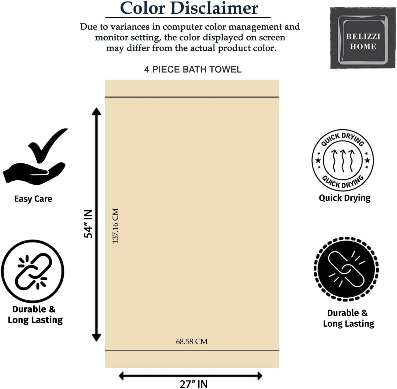 Elvana Home 4 Pack Bath Towel Set 27X54, 100% Ring Spun Cotton, Ultra Soft Highly Absorbent Machine Washable Hotel Spa Quality Bath Towels for Bathroom, 4 Bath Towels Black - Black image number 3