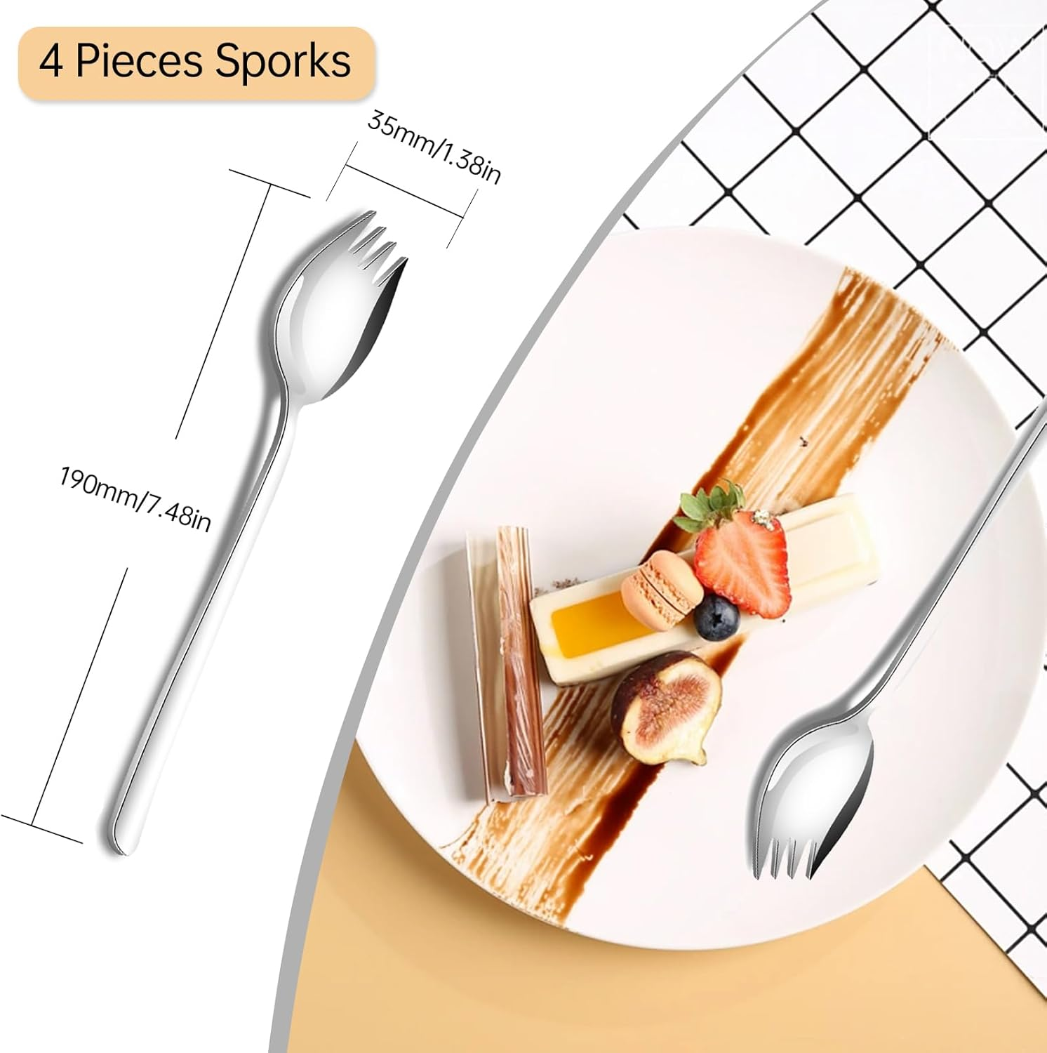Tiokin Salad Fork,4-Pack 19Cm Sporks, 18/10 Stainless Steel Dessert Sporks with Long Handle, Reusable Fruit Appetizer Dessert Forks for Household Use or Camping image number 3