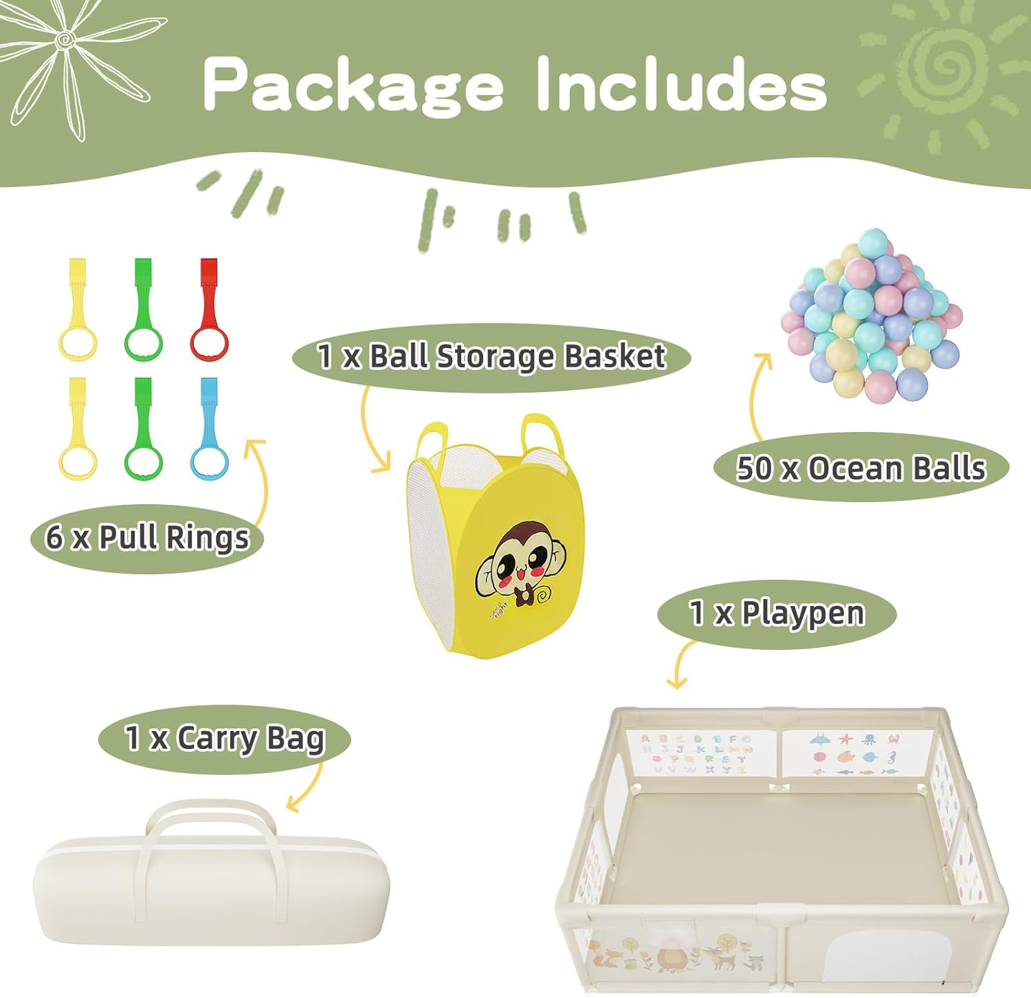 Baby Playpen 200 X 160 Cm, Extra-Large Non-Slip Playpens with Patterns, 50 Ocean Balls, 6 Pull Rings, Balls Storage Basket, Durable Zippered Door, Storage Bag for Outdoor Use (Beige) - Beige With Pattern image number 5