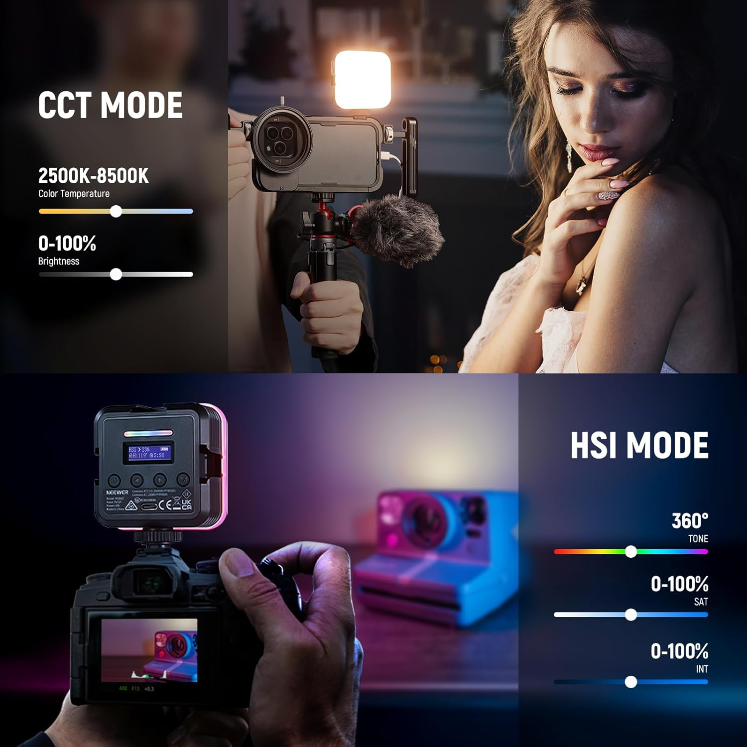 NEEWER Magnetic RGB Camera Light, 360&deg; Full Color RGB61 CRI97+ 2500-8500K 2000Mah Portable Small LED Panel Photography Lighting for Video Recording Streaming, 3 Cold Shoes, 20 Scenes & Cleaning Cloth image number 3