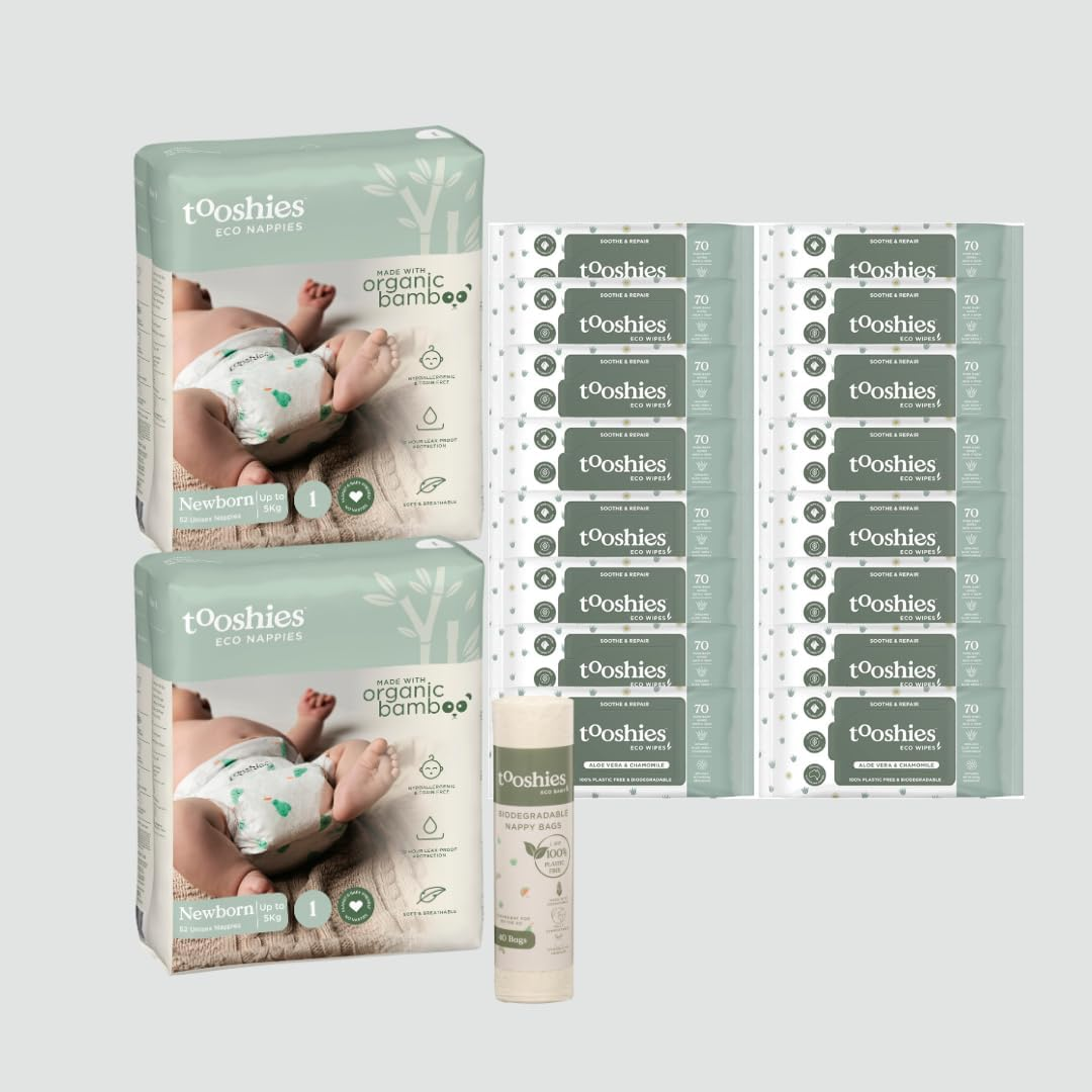 Tooshies Eco Nappies Size 1 Newborn, 104 Count, White, 3.25 Kilograms + Tooshies Aloe Vera & Chamomile Eco Wipes, Pack of 1120 (16X70 Packs) + Tooshies Biodegradable Nappy Bags 40Pk, Green