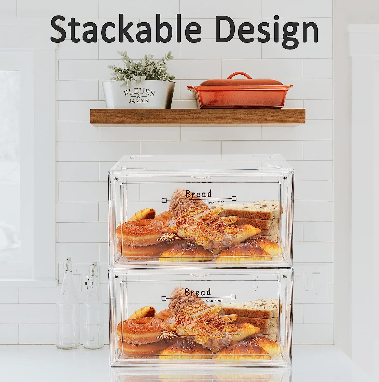 2PCS Bread Bin for Kitchen Storage & Organisation &ndash; Large Bread Box for Kitchen Countertop , Stackable Double Layer Bread Storage Container, Clear Bread Boxes for Kitchen Counter, Bread Keeper for Homemade Bread (2 PCS) image number 1