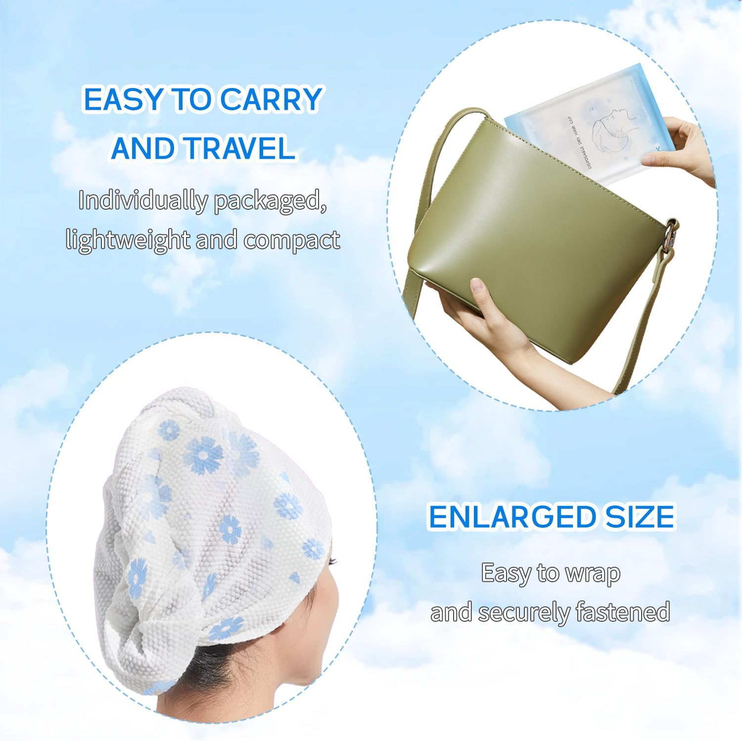 BOROLA 1PCS Disposable Hair Drying Towel Cap Super Absorbent Double Thick Travel Friendly Individually Packed Fast Drying Skin-Friendly Instant Absorption(25 * 65CM/9.8 * 25.5IN)