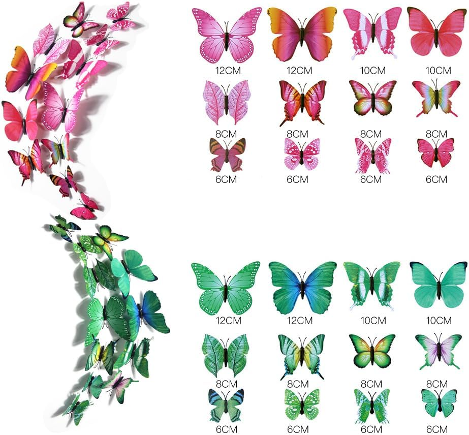 24Pcs Butterfly Wall Decor 3D Butterflies Stickers Lifelike Butterfly Decoration Removable and Reusable Removable Stickers Wall Decals (Red, Green) - Blue, Yellow image number 5