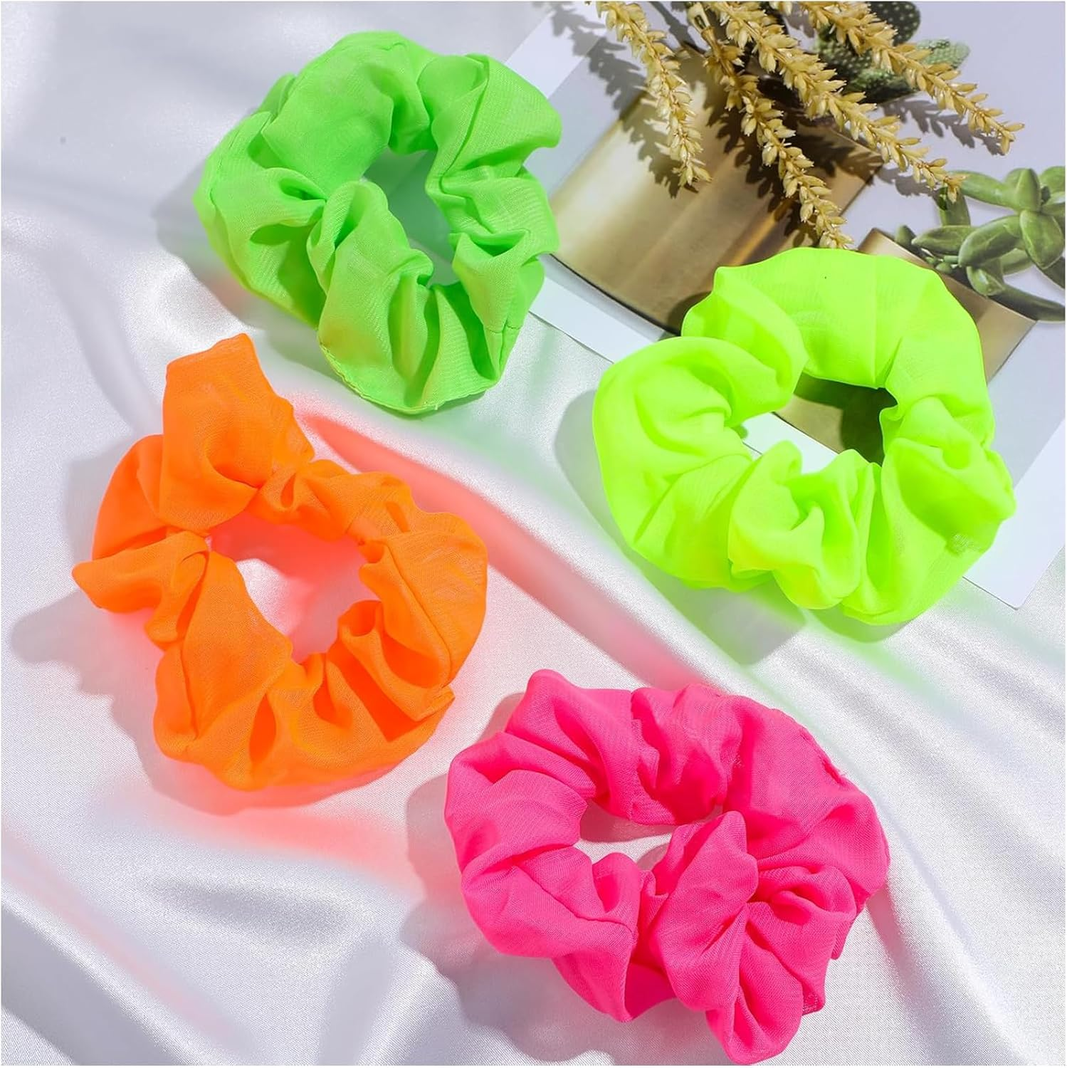 Tavvke 4 Pcs Neon Scrunchies, 80S-Inspired Chiffon Hair Ties, Soft Elastic Ponytail Holders, Thick Neon Hair Bands in Solid Colors Ideal for Christmas, Halloween, and Parties, for Women and Girls image number 2