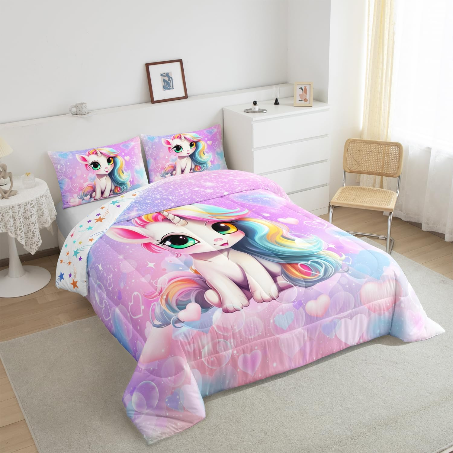 Manfei Cute Unicorn Comforter Set King Size, Pink Blue Glitter Princess Bedding Set 3Pcs, Girls Woman Bedroom Decor, Cartoon Kawaii down Comforter for Kids, Girly Dreamy Duvet Insert, 2 Pillowcases image number 5