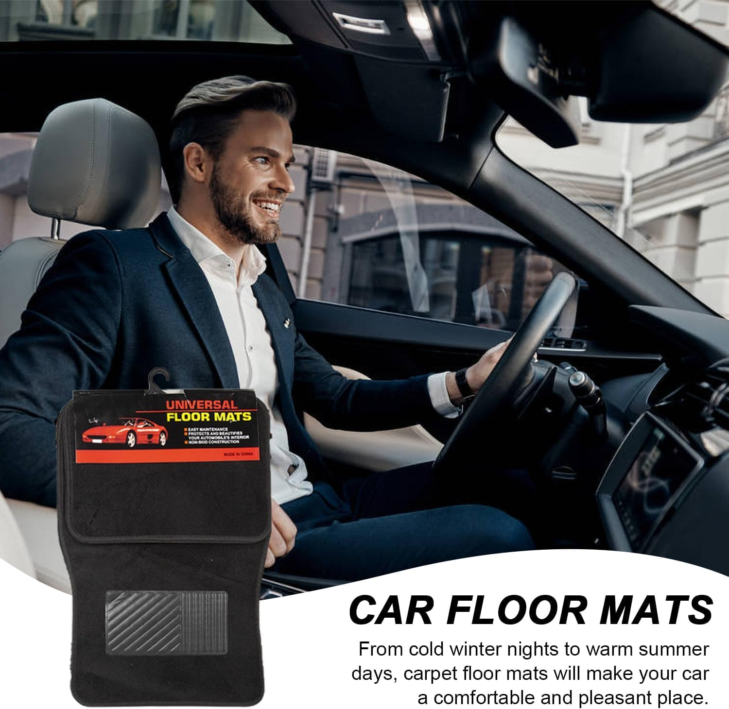 4 Pcs All Weather Carpet Vehicle Floor Mats, Universal Fit Heavy-Duty Carpet Floor Mats Cars, Black Premium Quality Carpe T Vehicle Floor Mats plus Vinyl Heel Pad for Cars, SUV (Black) image number 3