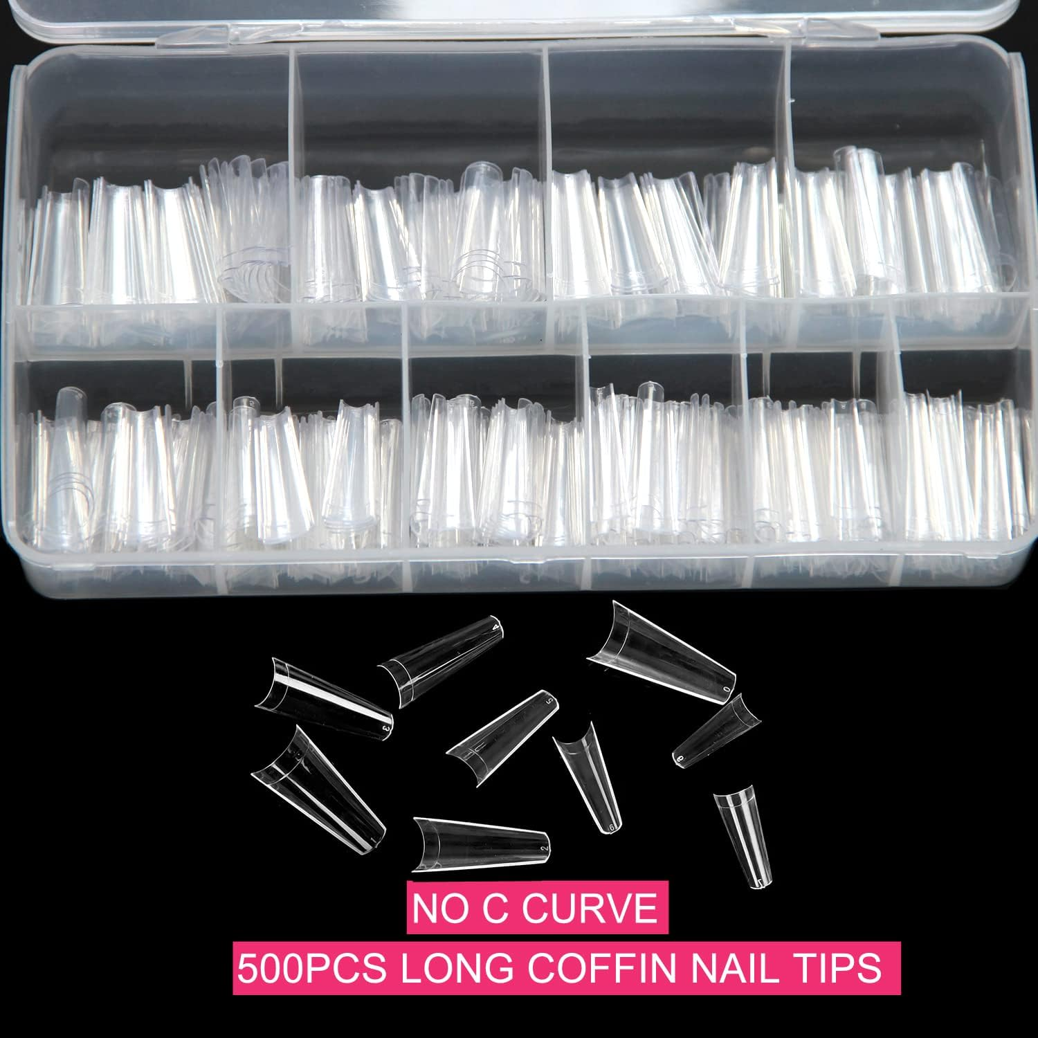 SWETIDY 500Pcs No C Curve Coffin Nail Tips, Clear Long Coffin Shaped Acrylic Fake Nails Flattened Half Cover False Nails with Box for Nail Salon Professional and DIY Nail Art 10 Sizes
