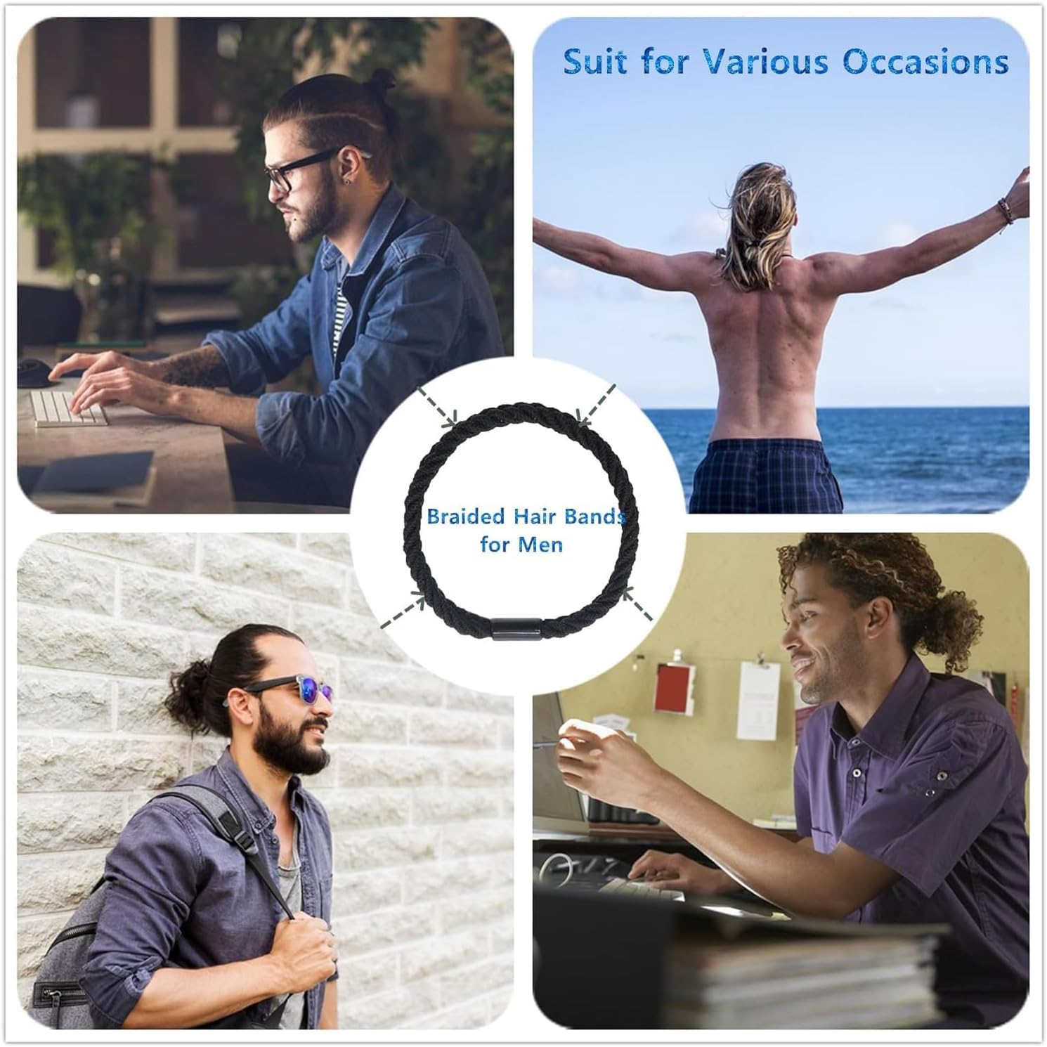 Braided Hair Ties for Men and Women,Black Hair Bands,Large for Wrist,Pony Tail Hair Tie,12Pcs Guy Boy Girls image number 2