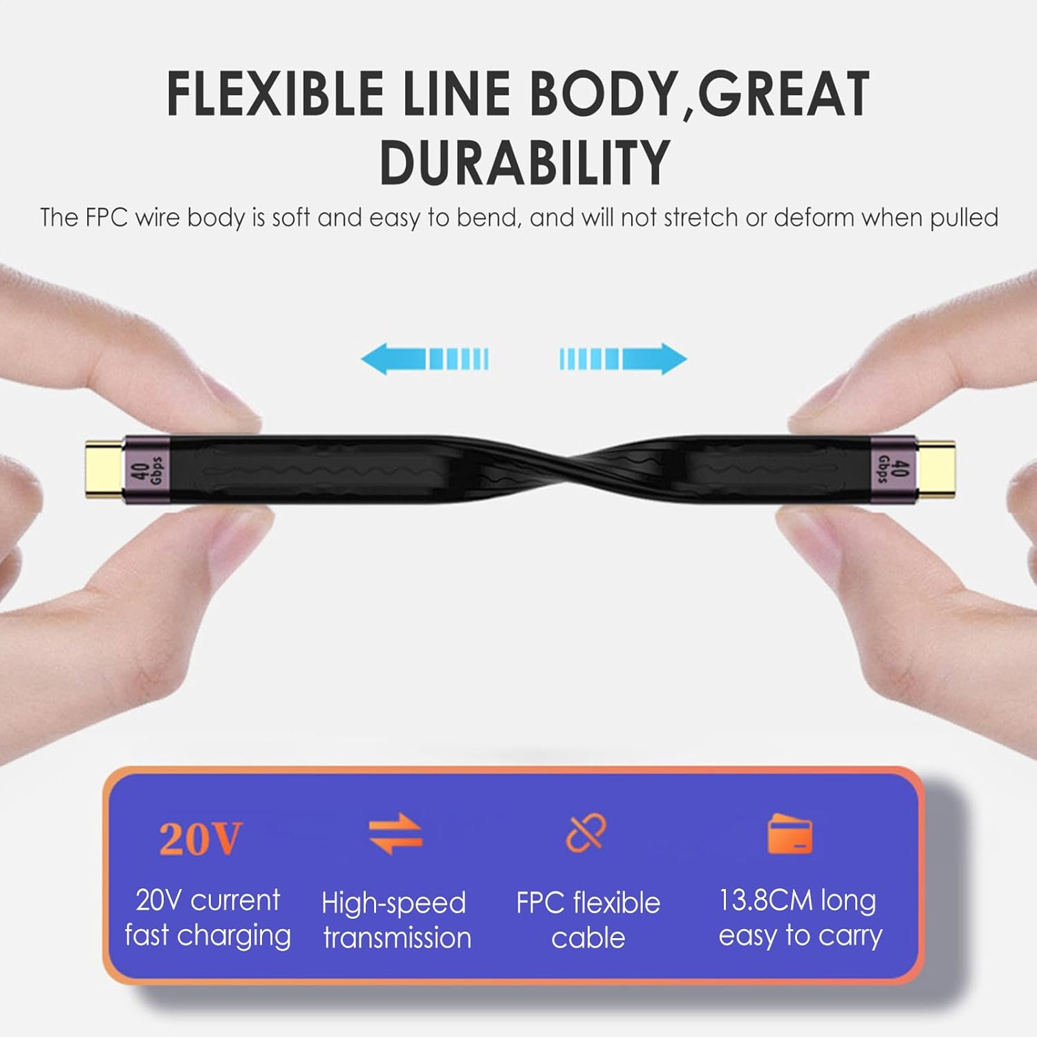 Short USB C Cable 100W - 3.1 Gen 2 USB C to USB C, 40Gbps Data Transfer | PD Fast Charging Cable, Soft Flexible FPC Material, 4K Video Output, Flat Black for Seamless Device Connections image number 3