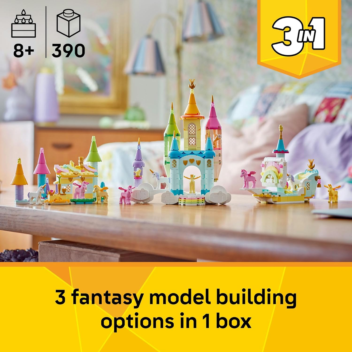 LEGO&reg; Creator 3In1 Unicorn Castle 31175 Toy Animal Playset, Rebuilds into a Ship or Forest Cabin Set, Room Decor for Kids, Fantasy Birthday Toys for Girls and Boys Aged 8 Years Old and Over image number 6