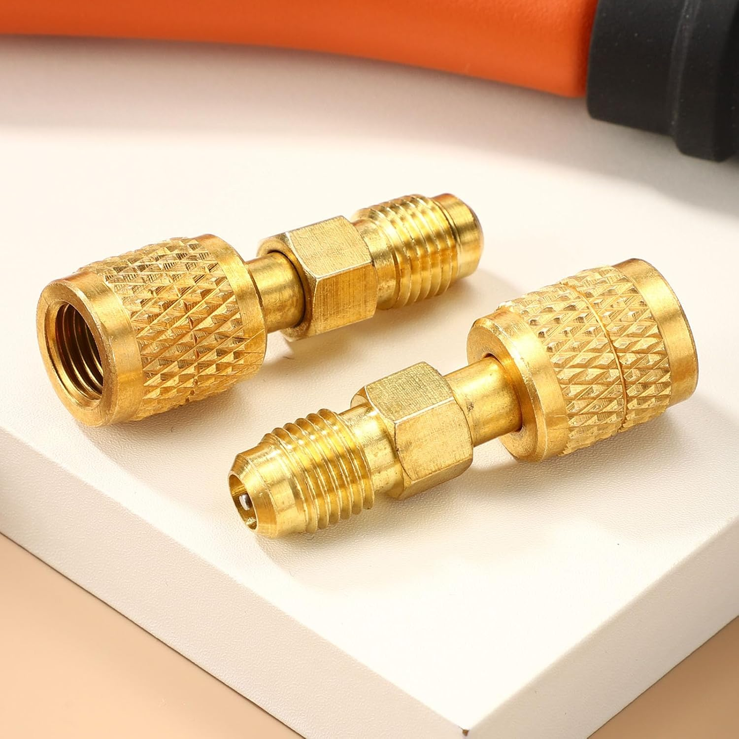 2Pcs R32 R454B Brass Adapter, 1/4" SAE Female to 1/4" SAE Male Reverse Thread Refrigerant Adapter Low Loss Refrigerant Fittings for R32 R454B Tanks Mini Split Systems image number 4