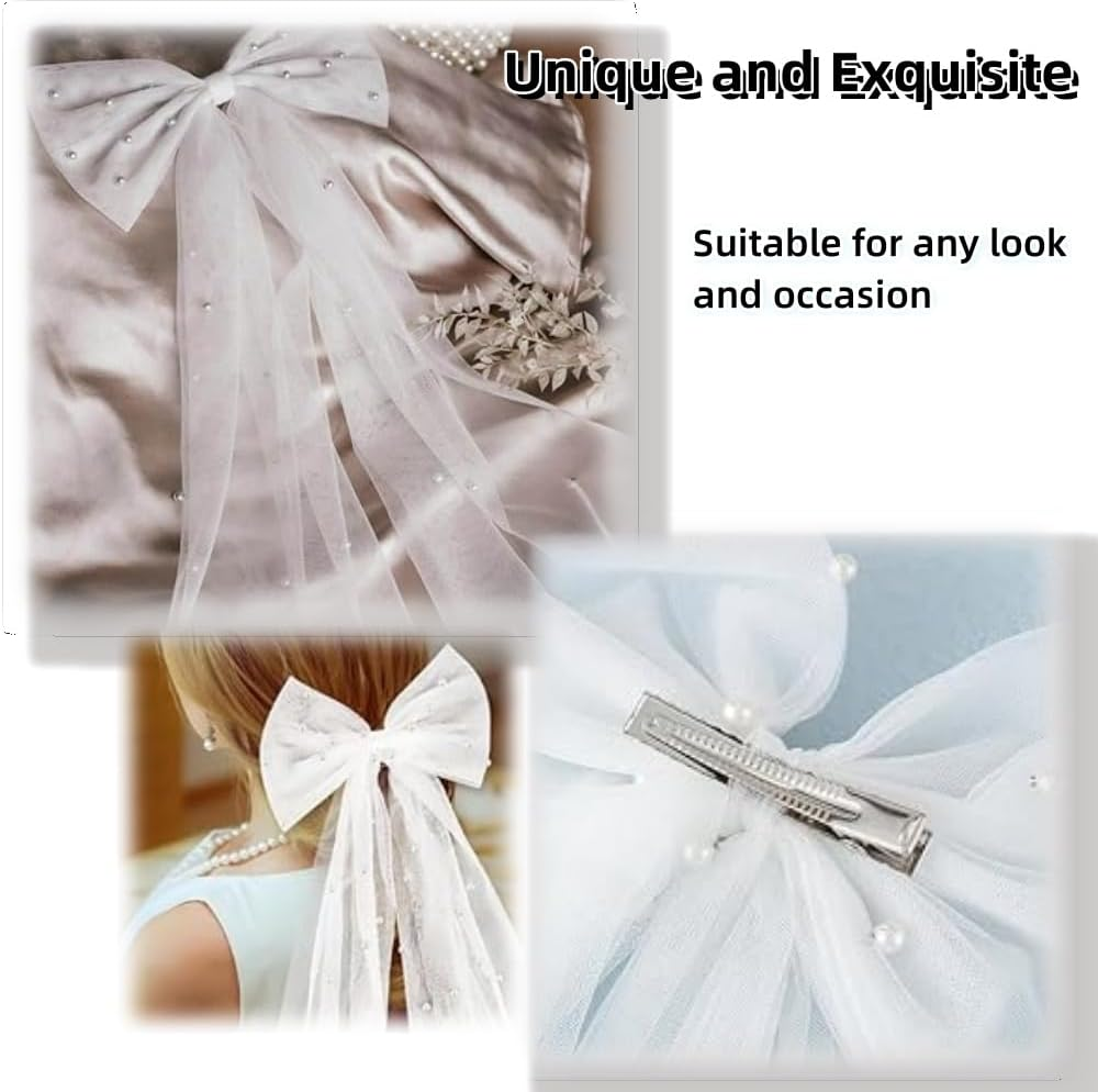 2Pcs Bridal Pearl Bow Veil, Large Hair Bow with Barrette Hair Clip,Wedding Short White Veil Barrette, Bride Accessories,Bridesmaid for Girls Women Wedding Party,Bachelorette Party,Decorations image number 2