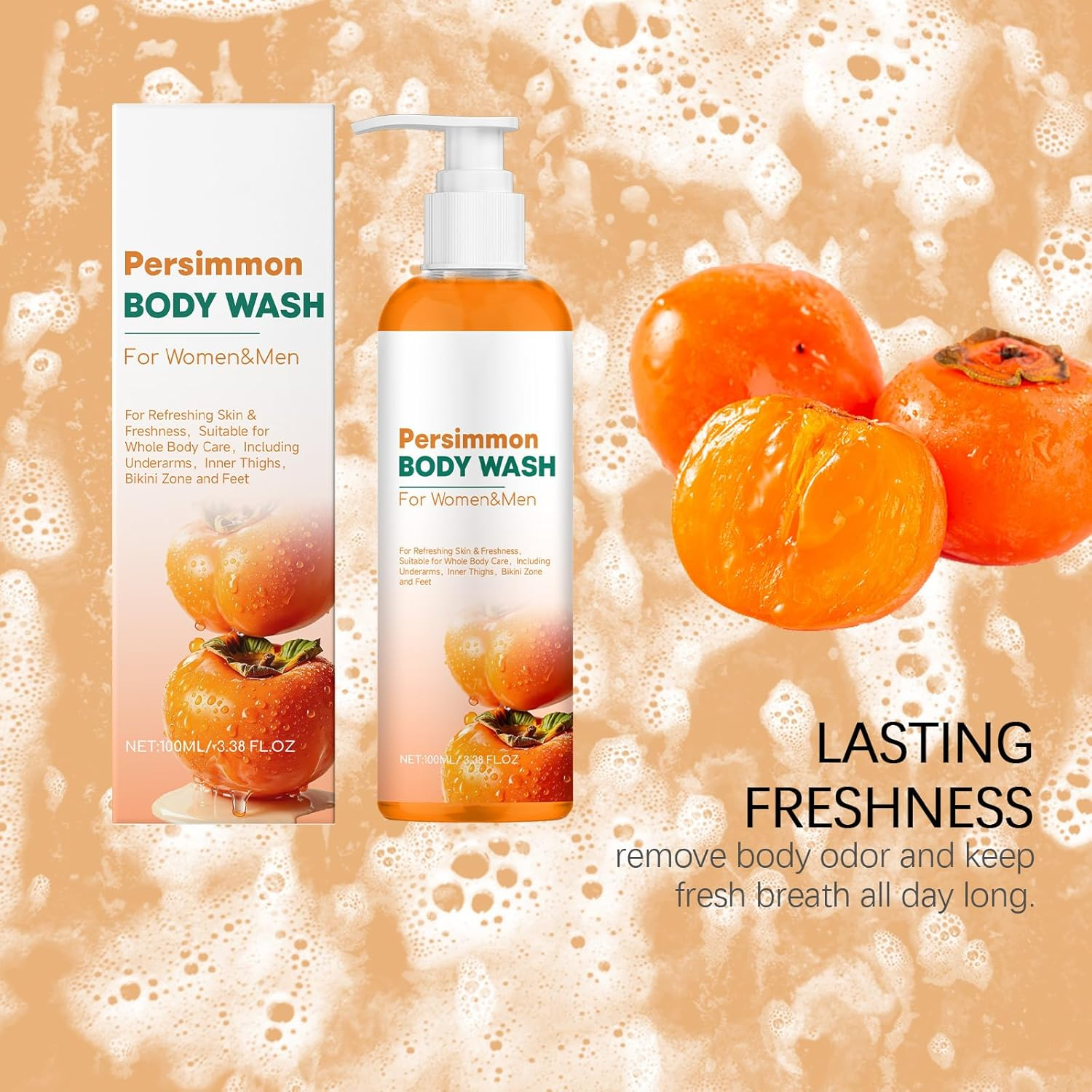 Persimmon Body Wash for Body Odor Control, Nonenal Eliminator for Old People Smell, Strong Odor Remover & Deodorizing Shower Gel, Purifying Cleansing Wash for Women & Men,Long Lasting Freshness (4Pcs) - 3Pcs image number 7