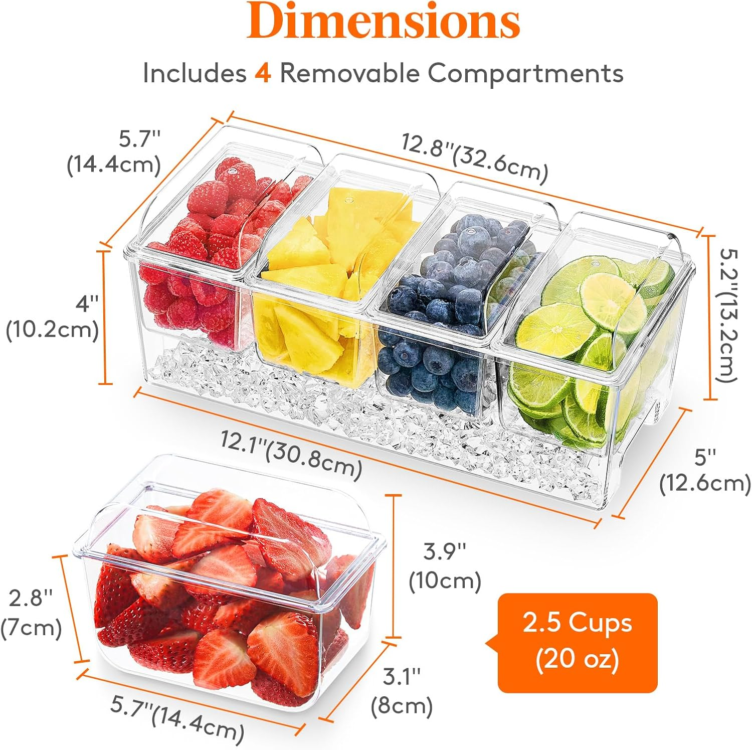 Lifewit Ice Chilled Condiment Caddy with 4 Containers(2.5 Cup), Condiment Server with Separate Lids, Serving Tray Platter with Removable Dishes for Bar Accessories, Fruit, Salad, Taco, Party Garnish image number 5