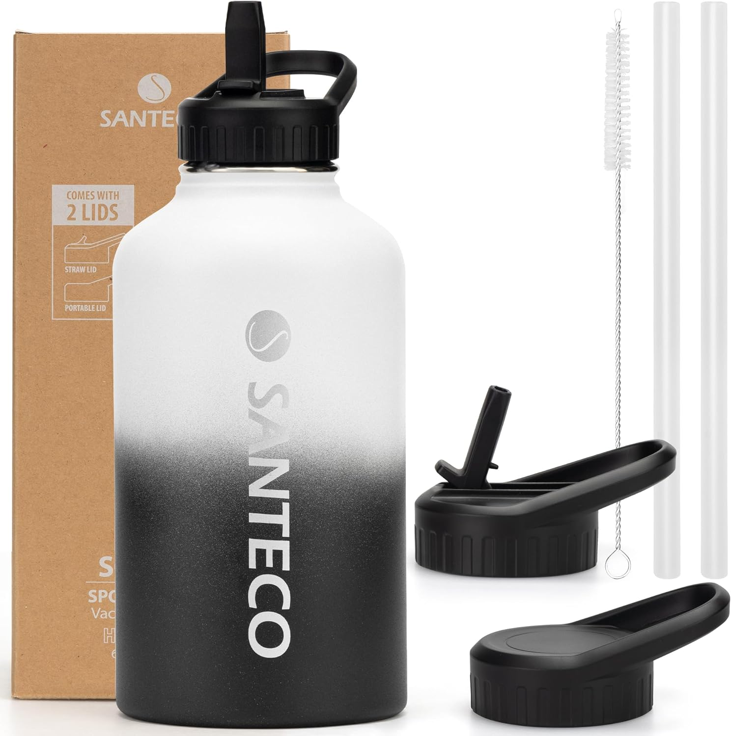 SANTECO Insulated Water Bottle with Straw 64 Oz Stainless Steel Leak-Proof 2 Liters Thermos Flask with Handle Lid Large Capacity Sport,Hiking,Gym-White Black