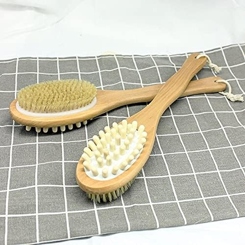 2 in 1 Body Brush Double-Sided Natural Bristle Body Brush Scrubber Long Handle Wooden Spa Shower Brush Bathtub Massage Brush image number 1