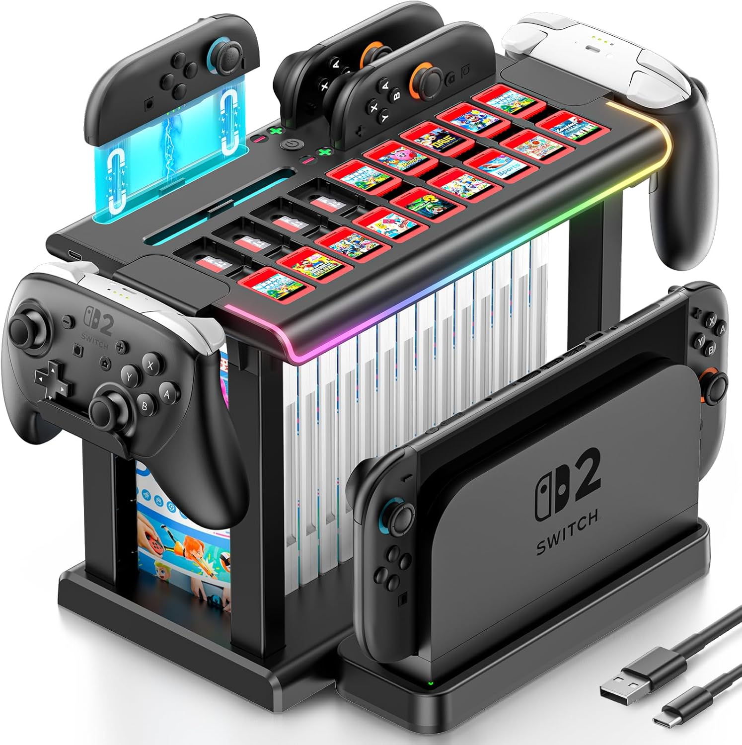 Gersker Switch 2 Organizer Station with Controller Charger Dock Compatible with Switch 2 Joycon, Switch 2 Storage Stand Holds TV Dock, 16 Game Cases, 18 Game Cards, and 2 Pro Controllers image number 6