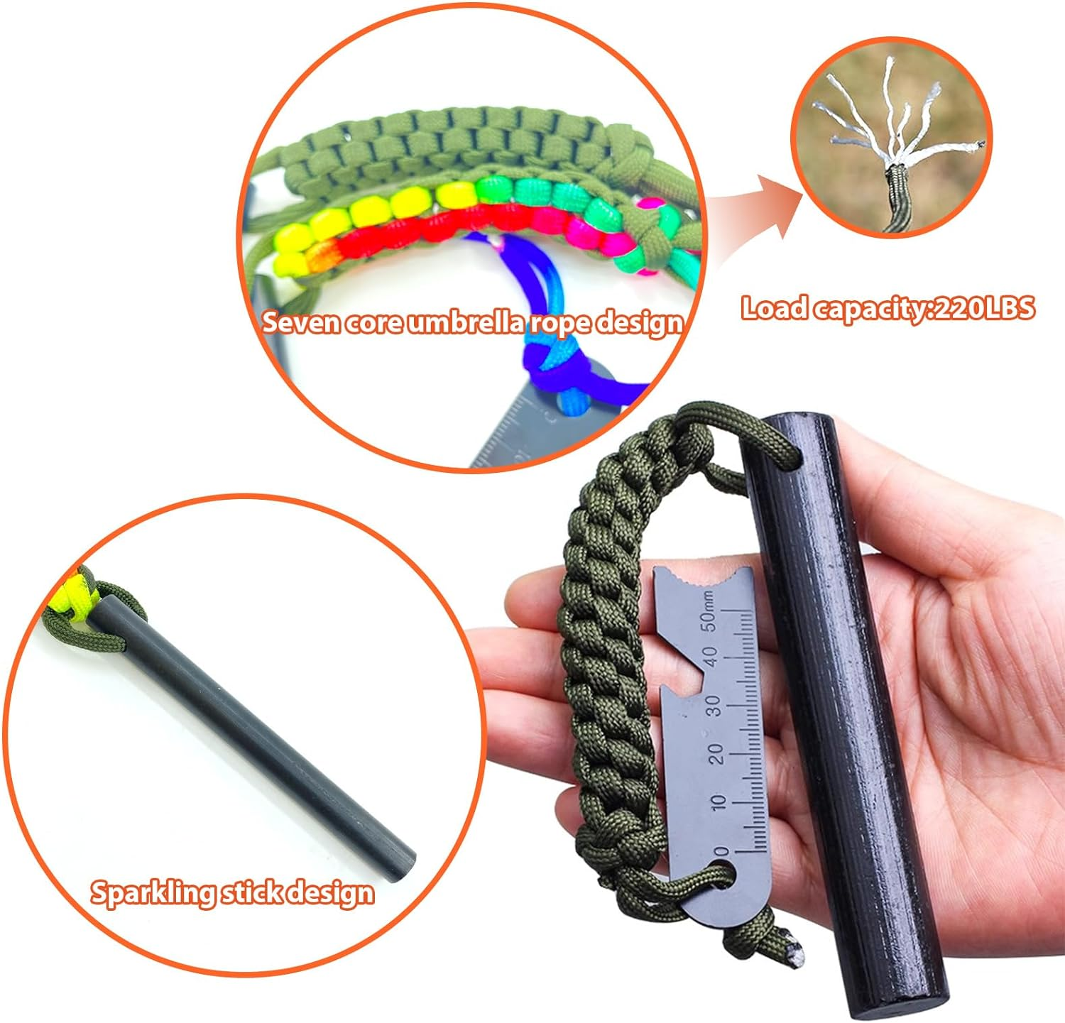 Fire Starter Survival Tool, 4 Inch Flint Steel Drilled Fire Starter 2Pcs with Paracord Lanyard Handle and Ruler for Emergency Survival, Hiking, Camping image number 1