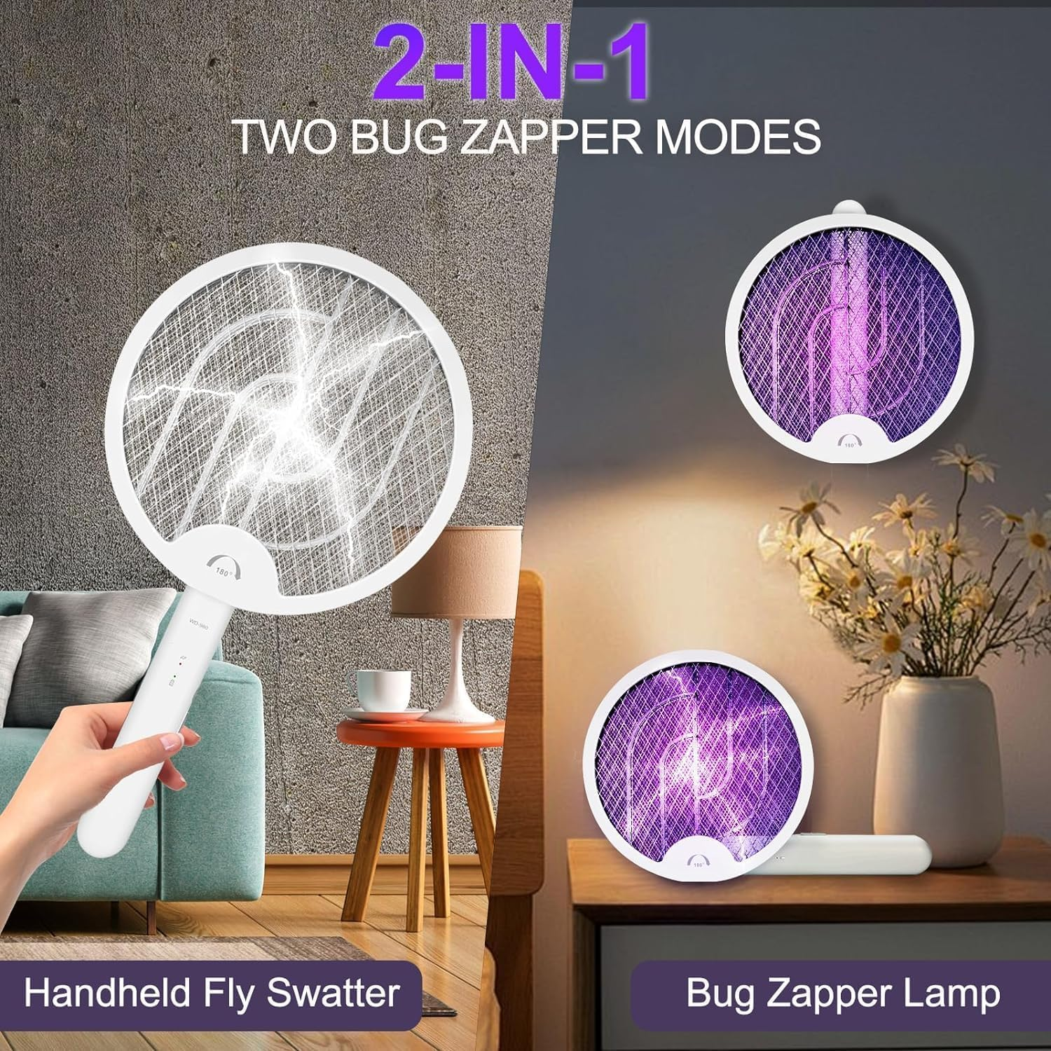 Foldable Electric Fly Swatter Racket, Portable 2 in 1 Bug Zapper Racket, Fly Killer and Mosquito Trap Lamp for Indoor and Outdoor Home Backyard Patio Camping